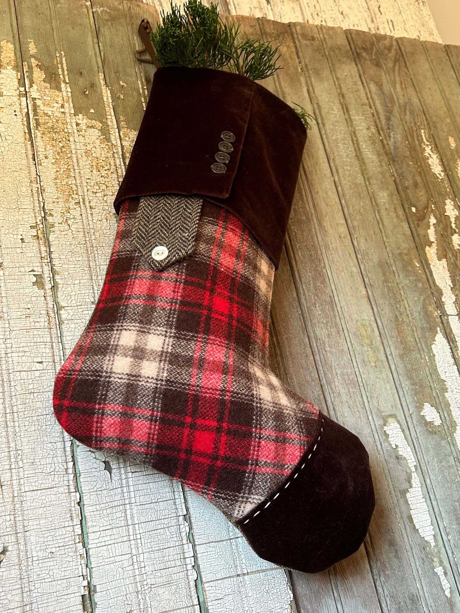 Lumberjack Plaid Christmas Stocking, Mocha Velvet Cuff