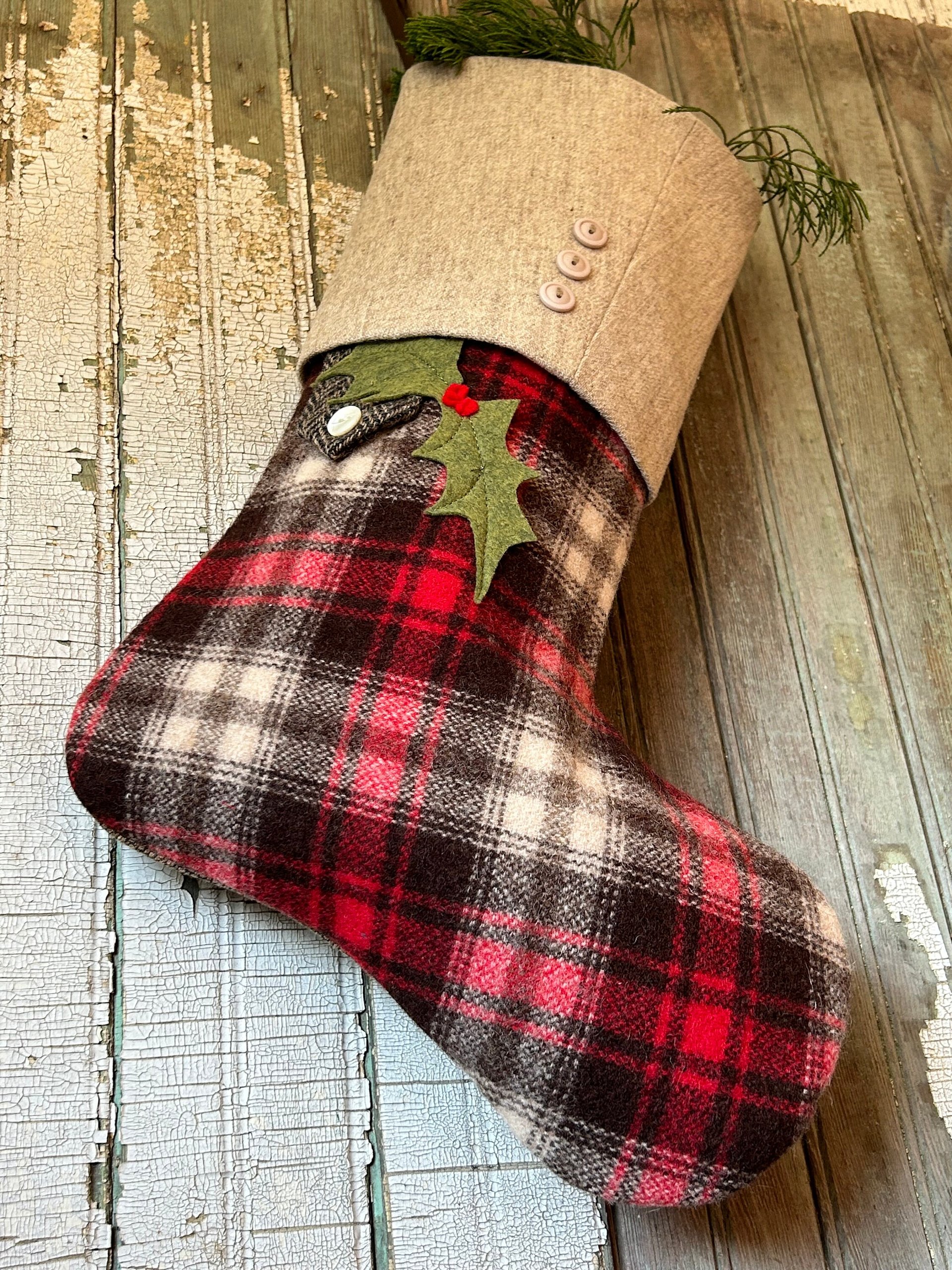 Lumberjack Plaid Christmas Stocking with Holly Leaves