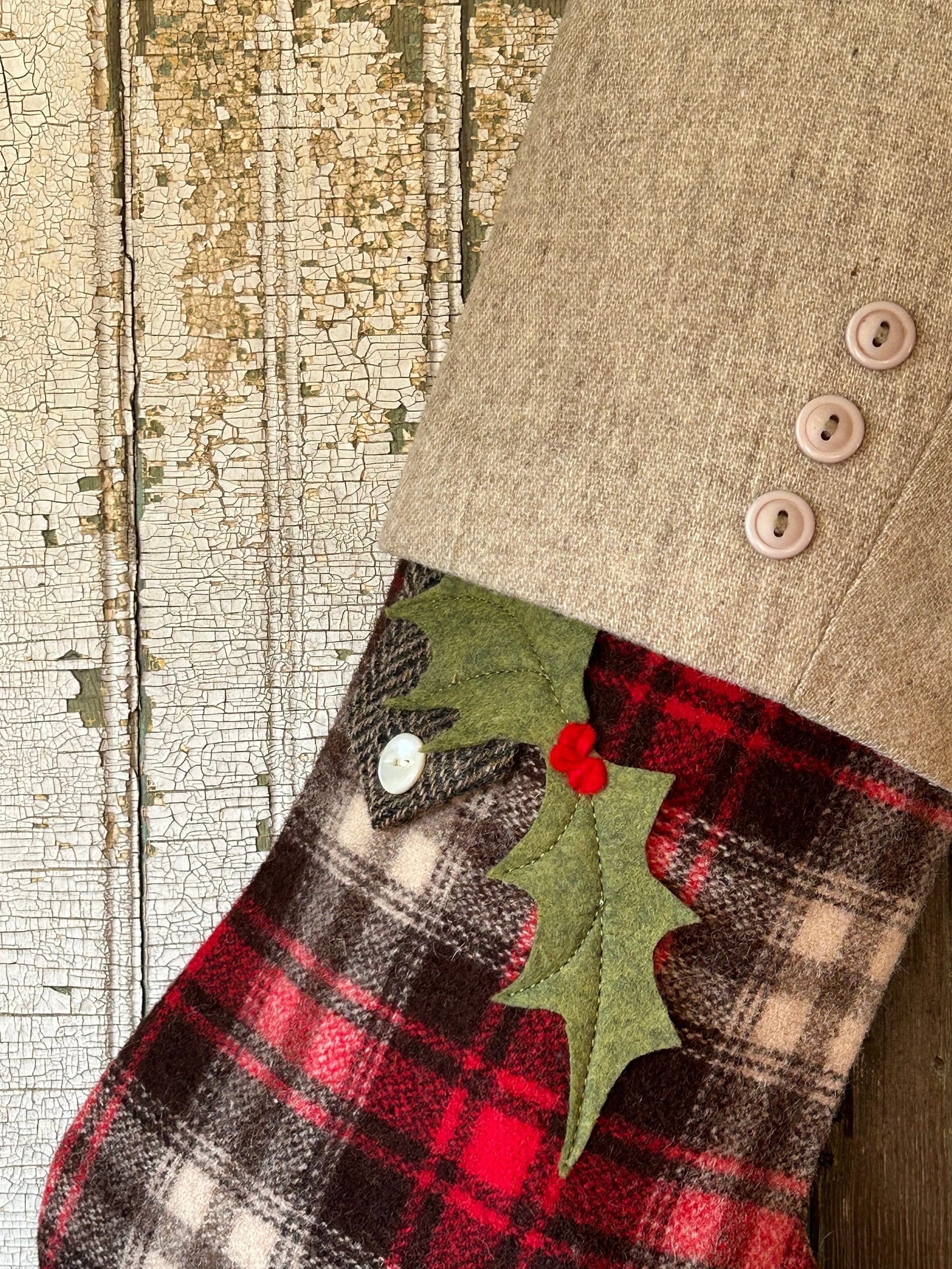 Lumberjack Plaid Christmas Stocking with Holly Leaves