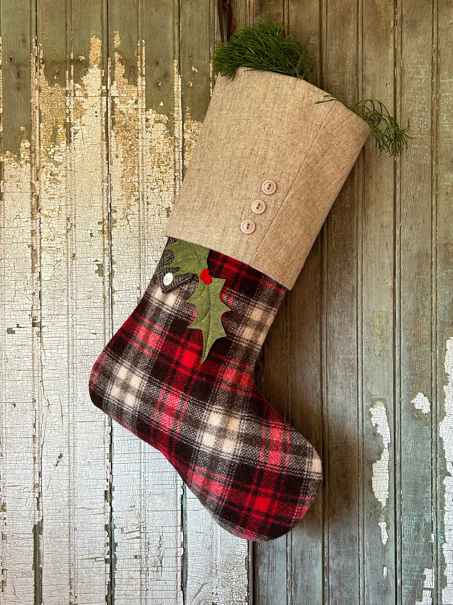 Lumberjack Plaid Christmas Stocking with Holly Leaves