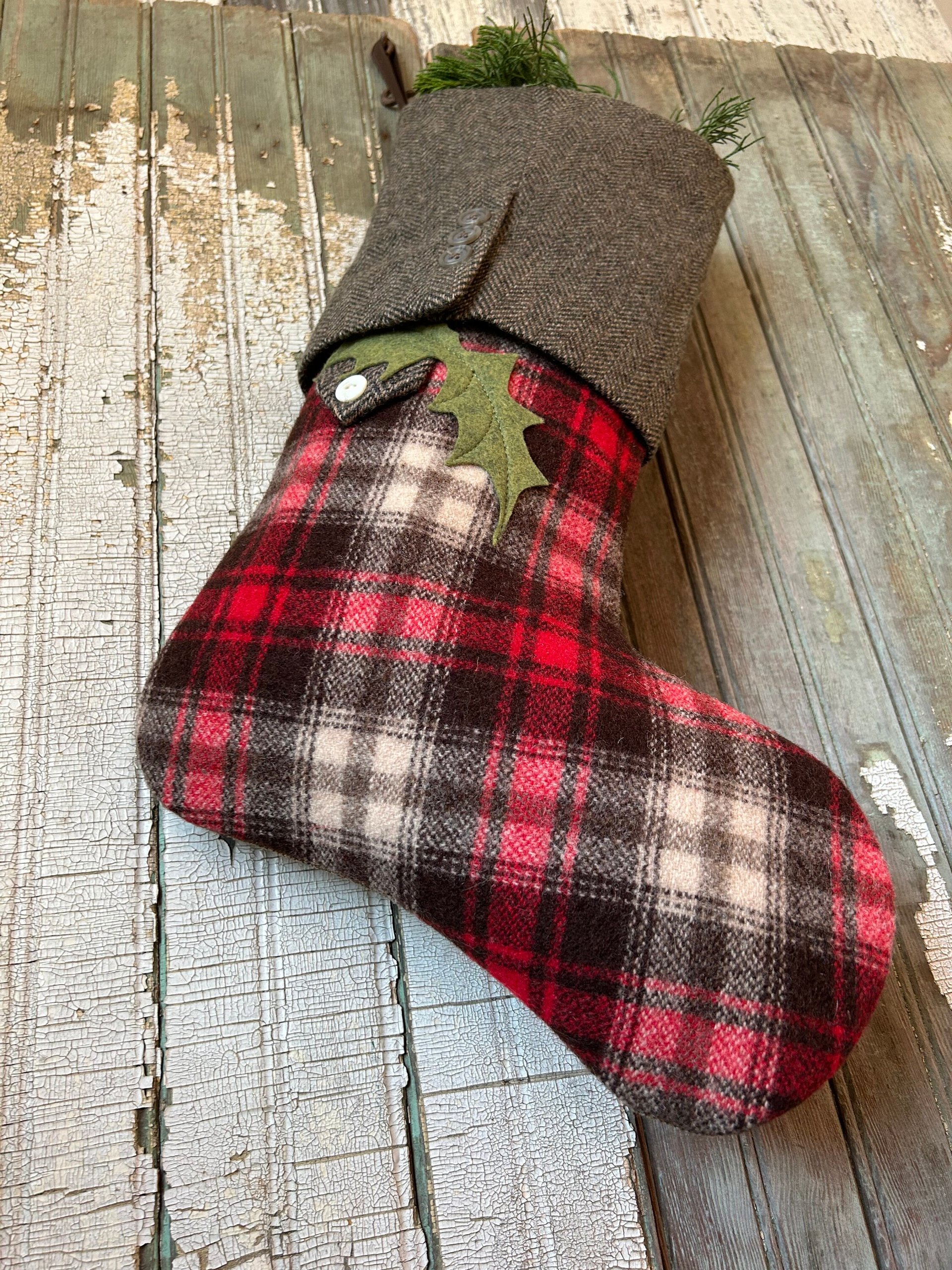 Lumberjack Plaid Stocking with Holly Leaves