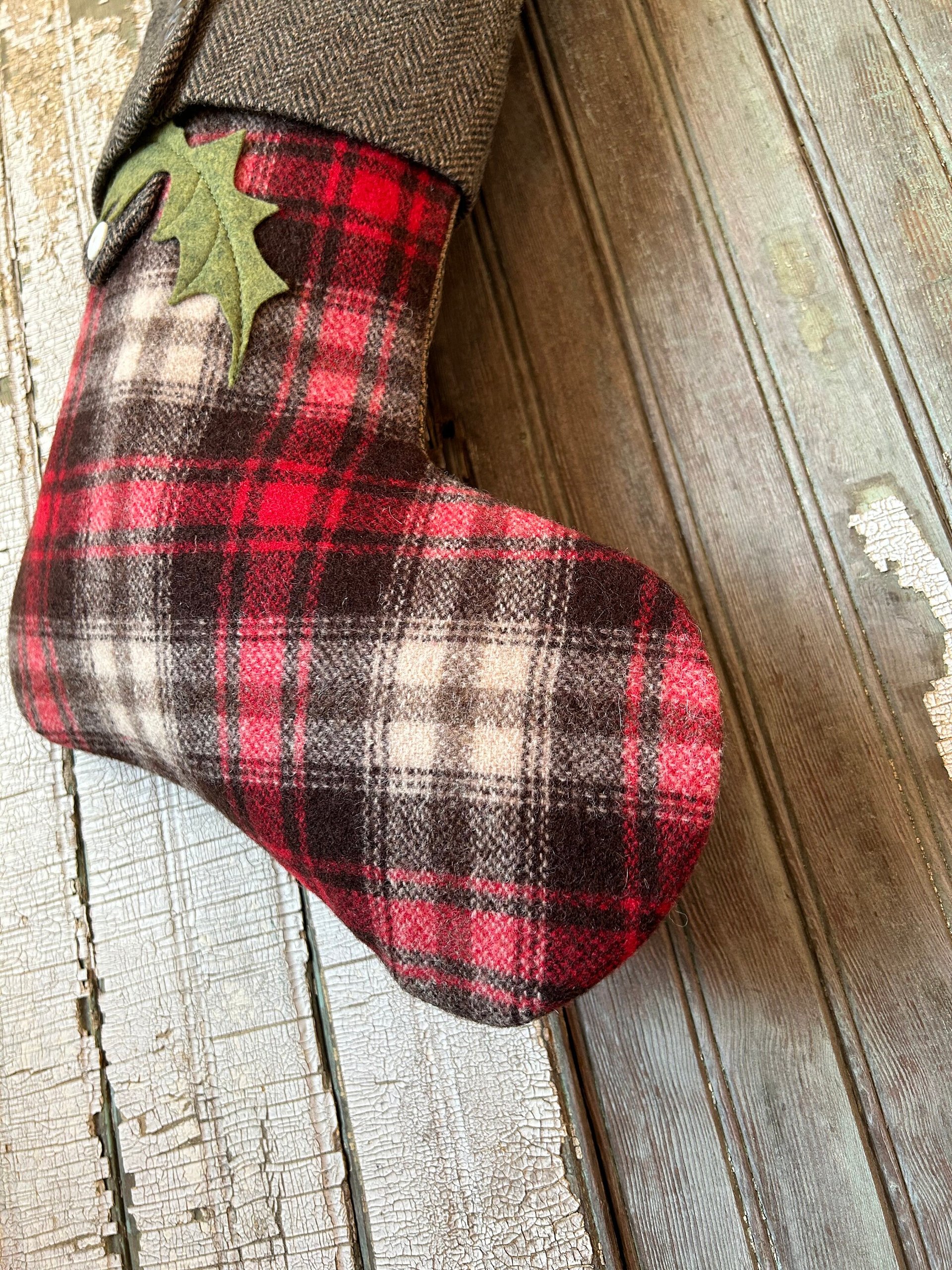 Lumberjack Plaid Stocking with Holly Leaves