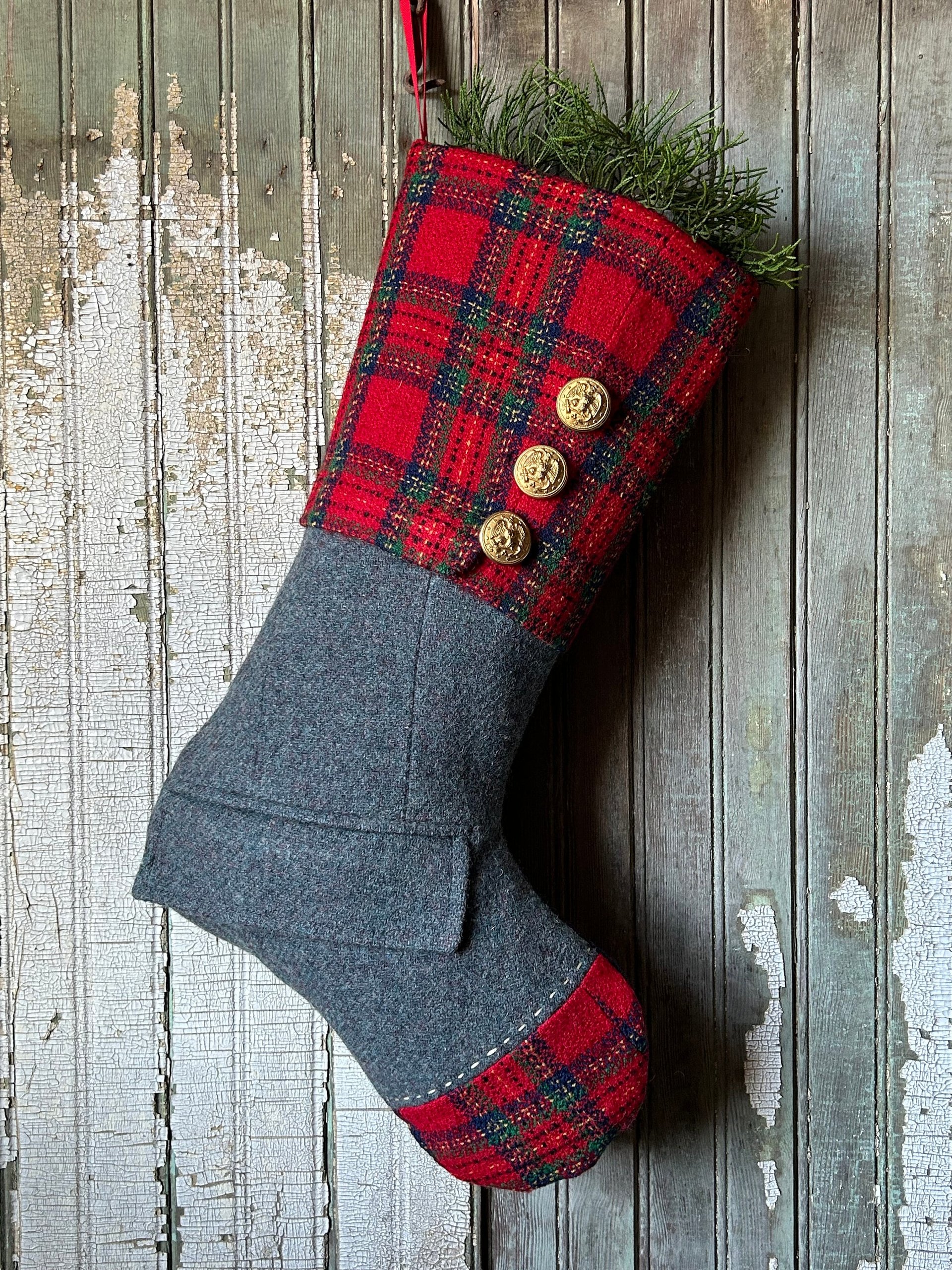 Red Tartan Plaid Christmas Stocking, Recycled Materials