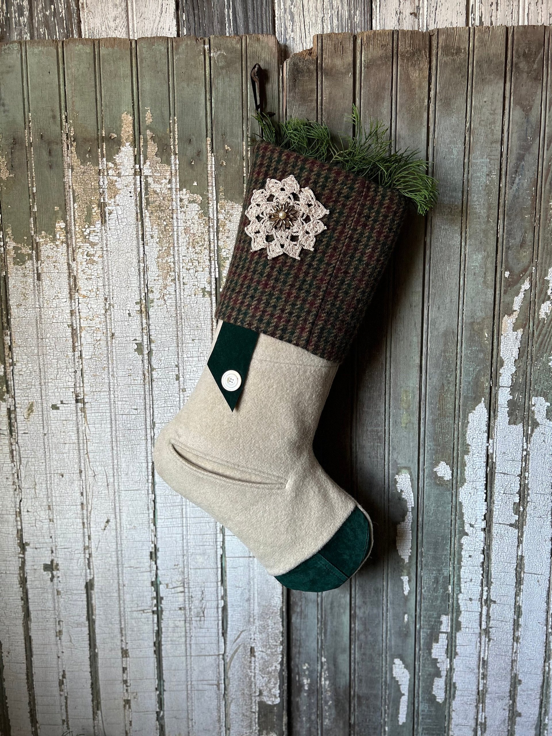 Wool and Suede Christmas Stocking, Recycled Materials, Eco Friendly