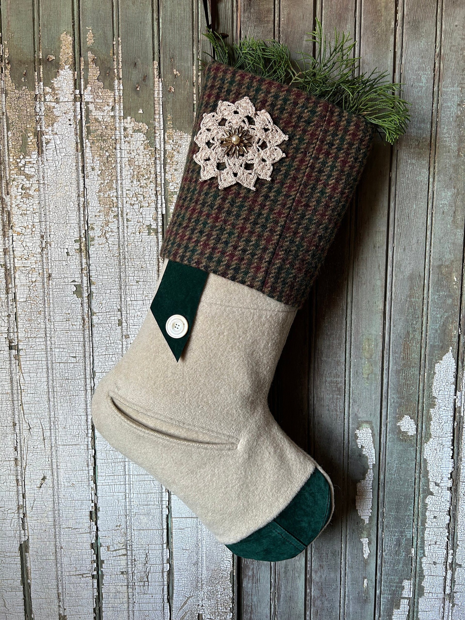 Wool and Suede Christmas Stocking, Recycled Materials, Eco Friendly