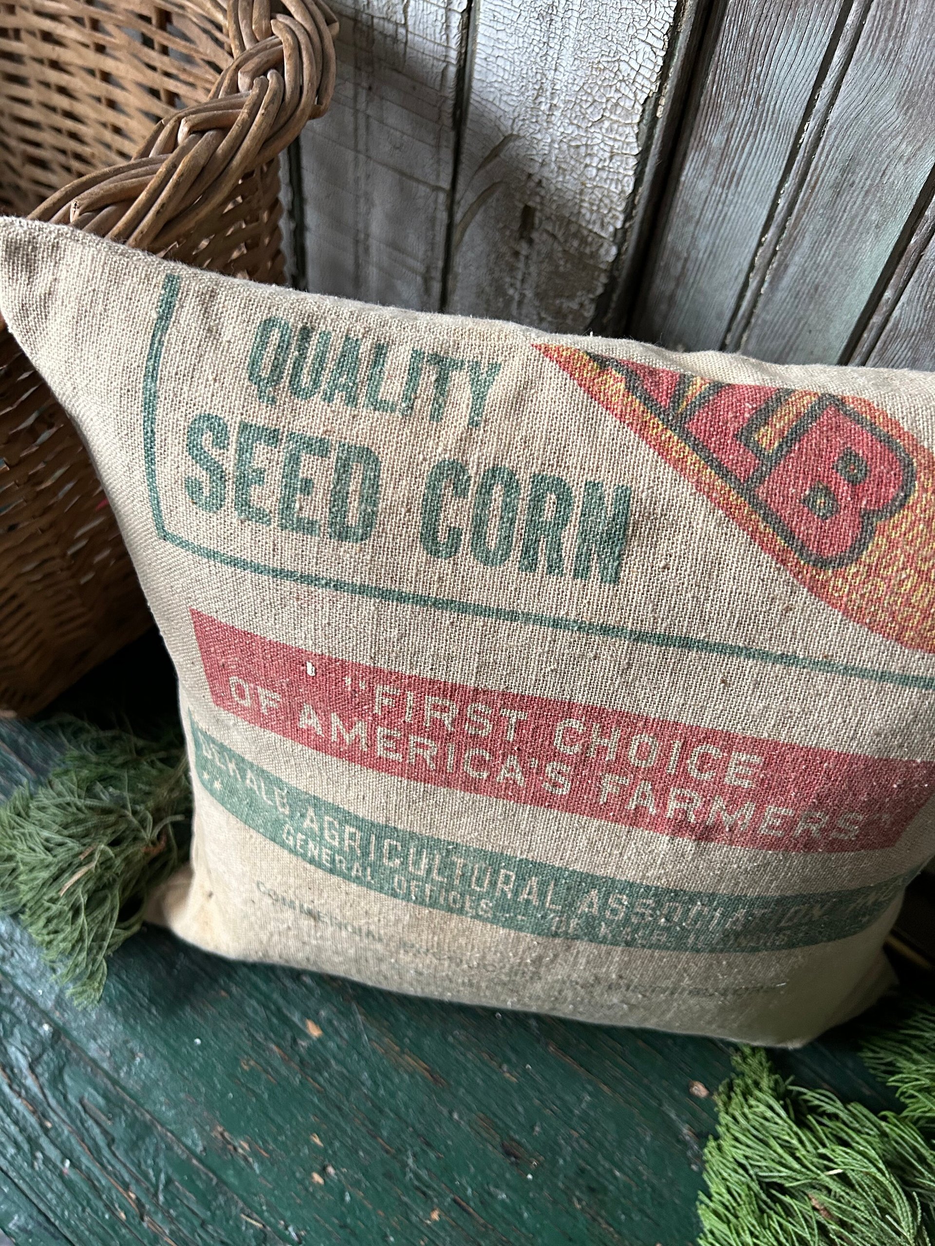 Vintage Corn Feed sack Pillow Cover, Rustic Primitive Décor