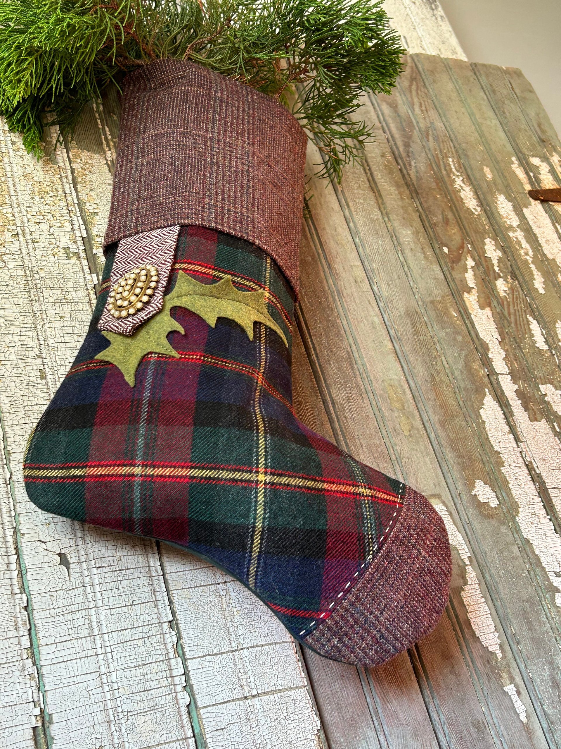 Purple Plaid, Tweed Christmas Stocking, Holly Leaves