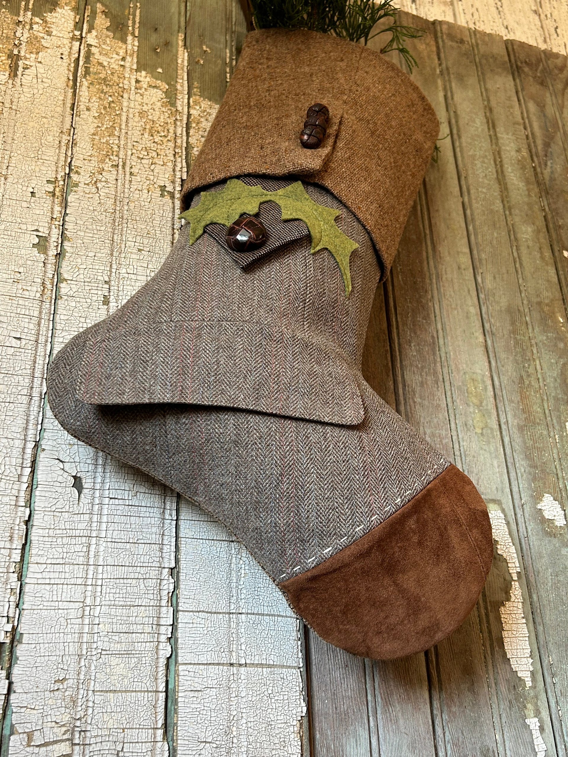Wool Tweed Christmas Stocking with Holly Leaves