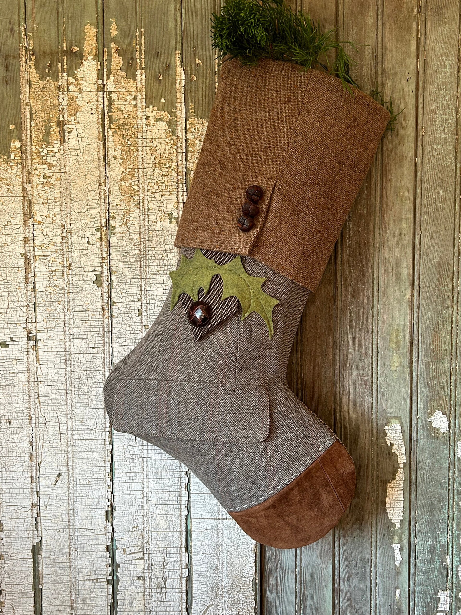 Wool Tweed Christmas Stocking with Holly Leaves