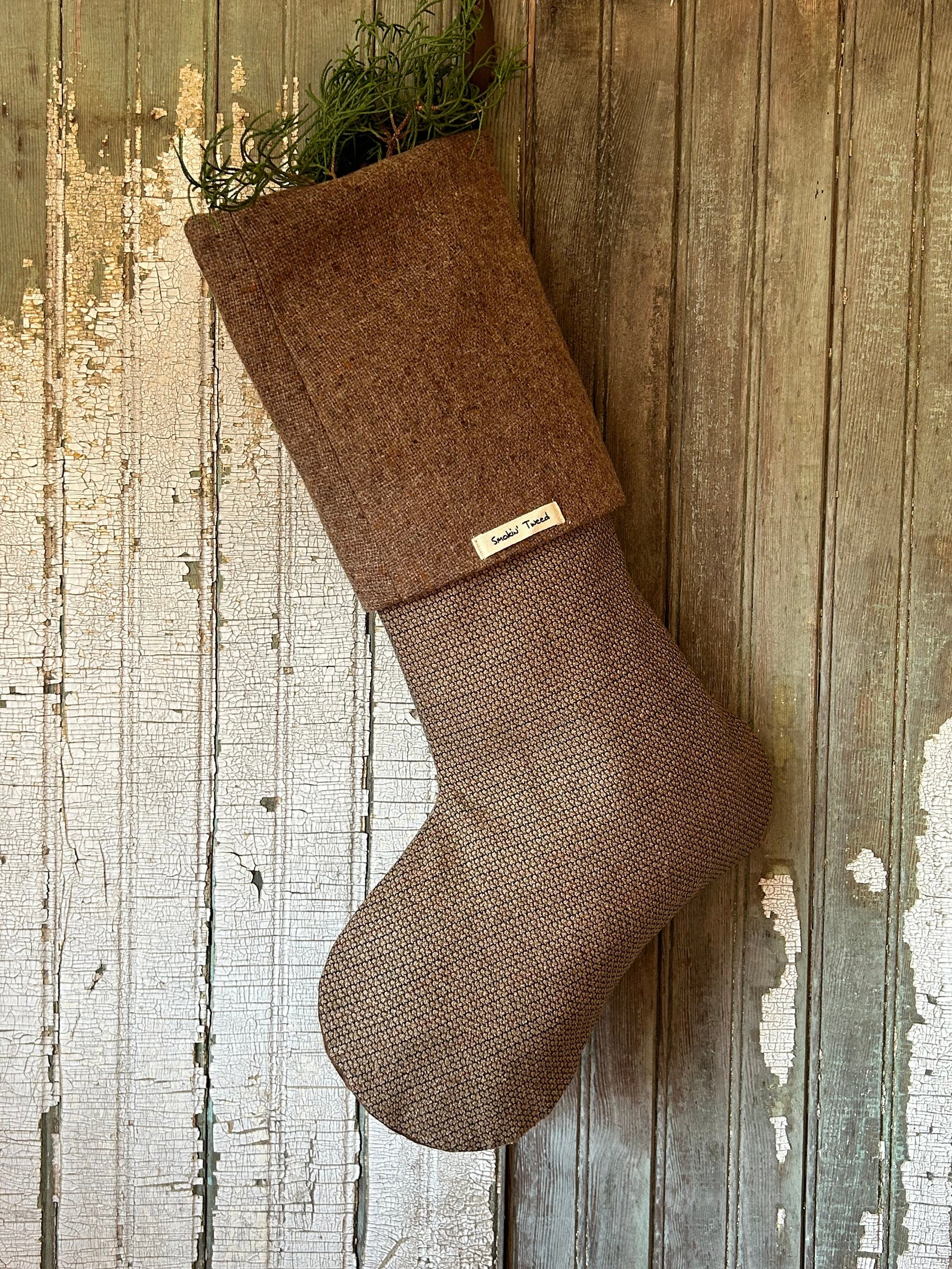Wool Tweed Christmas Stocking with Holly Leaves