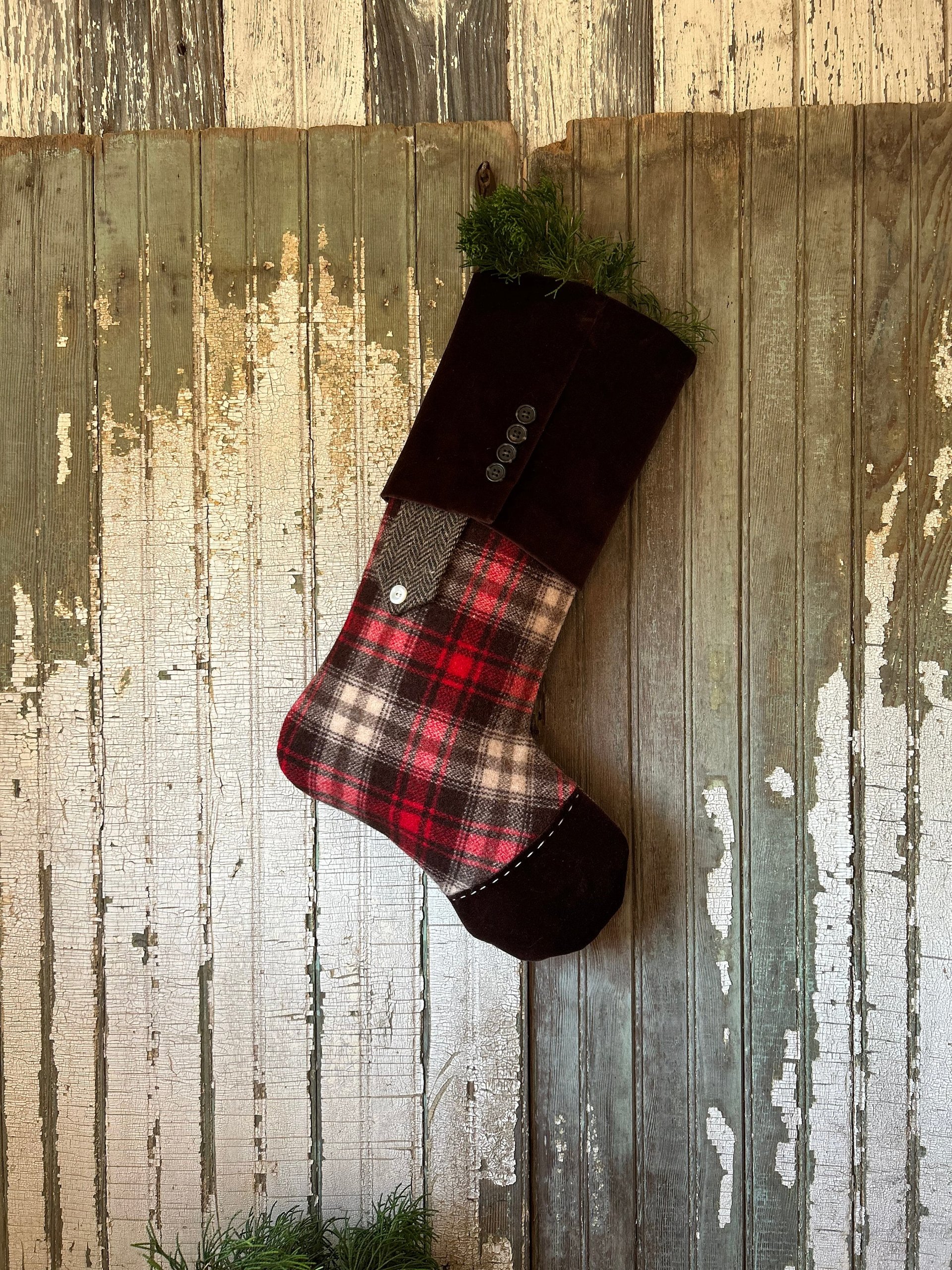 Lumberjack Plaid Christmas Stocking, Mocha Velvet Cuff