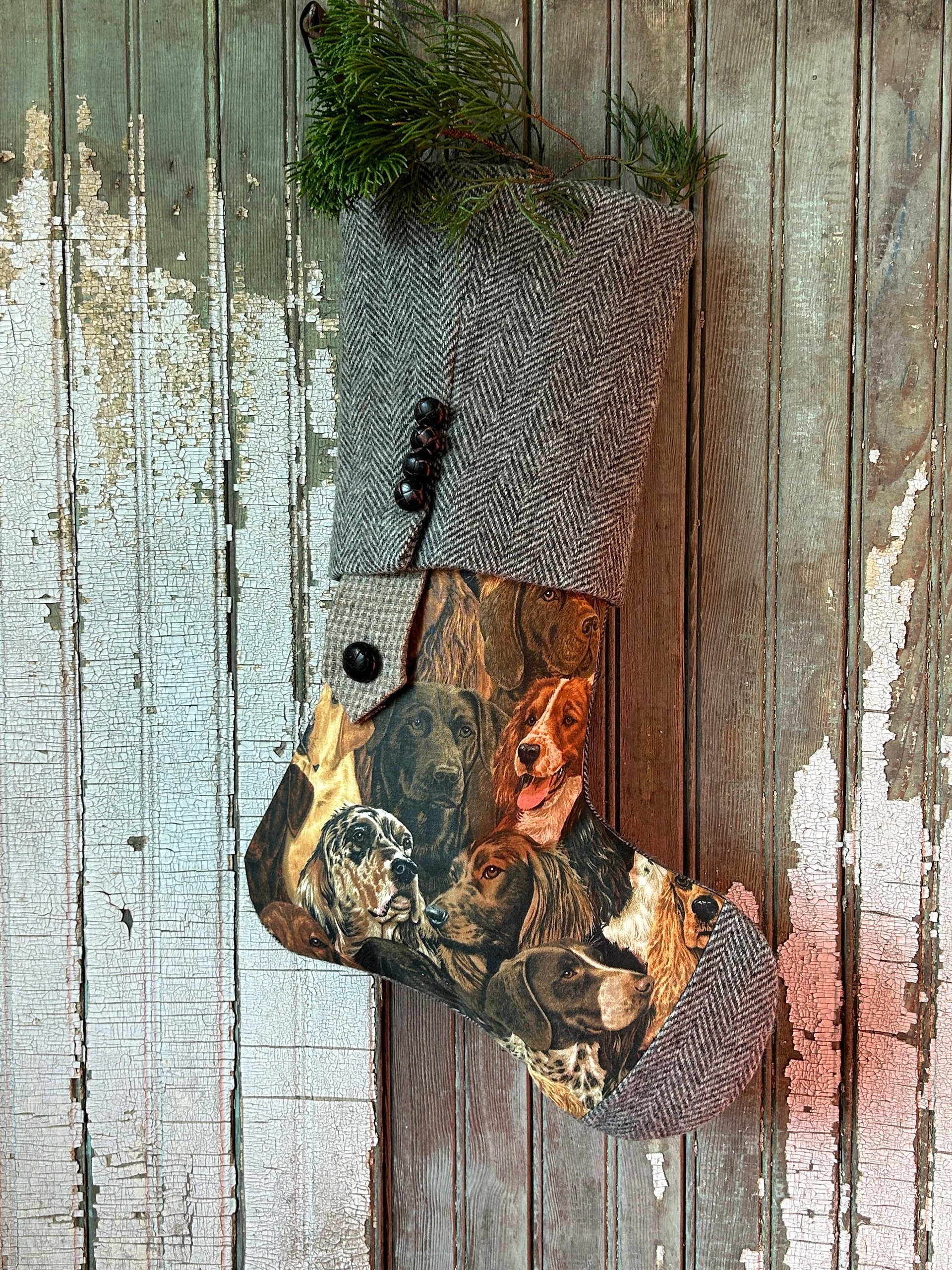 SOLD - Hunting Dogs Christmas Stocking, Recycled Wool Tweed