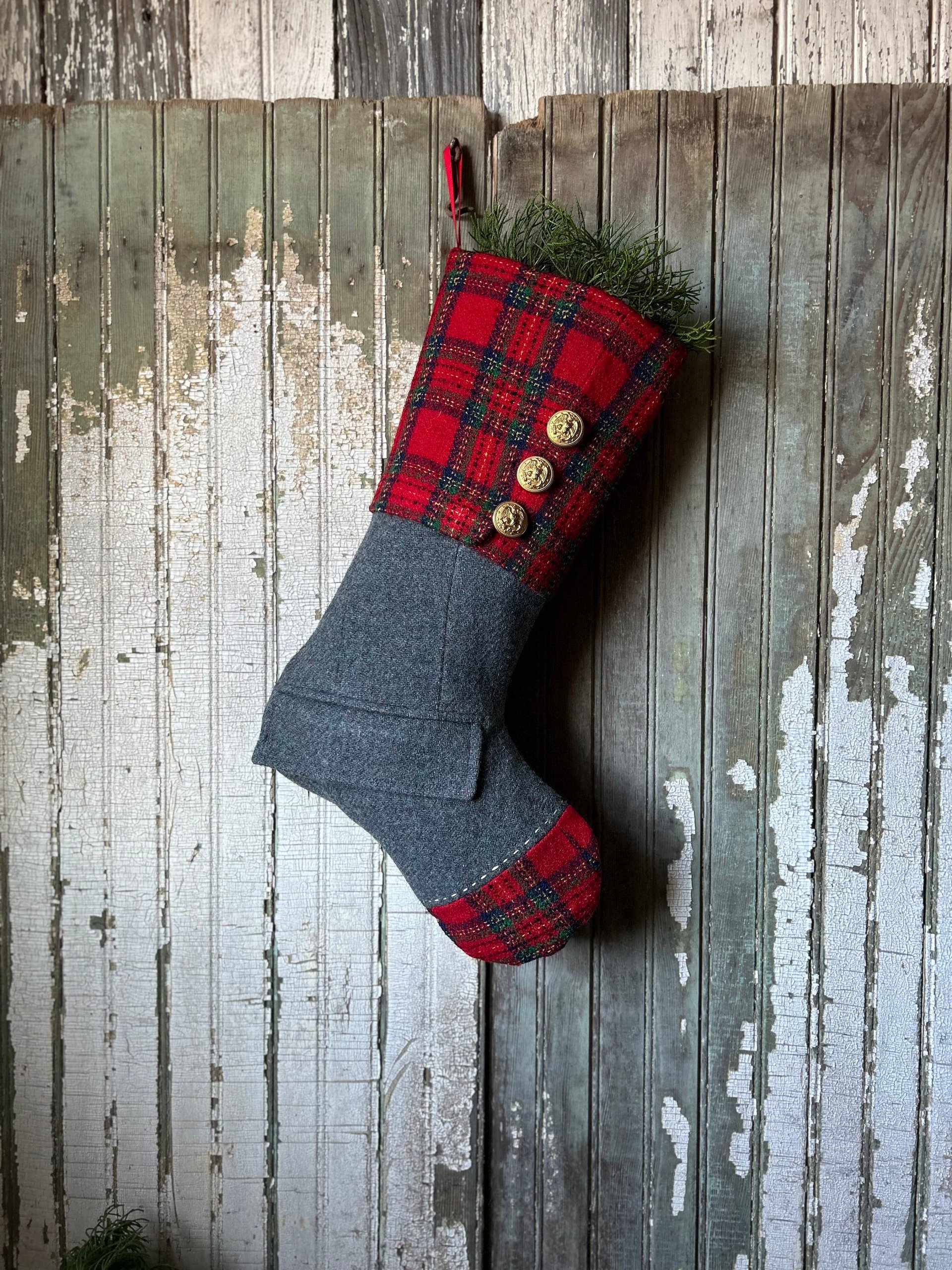 Red Tartan Plaid Christmas Stocking, Recycled Materials