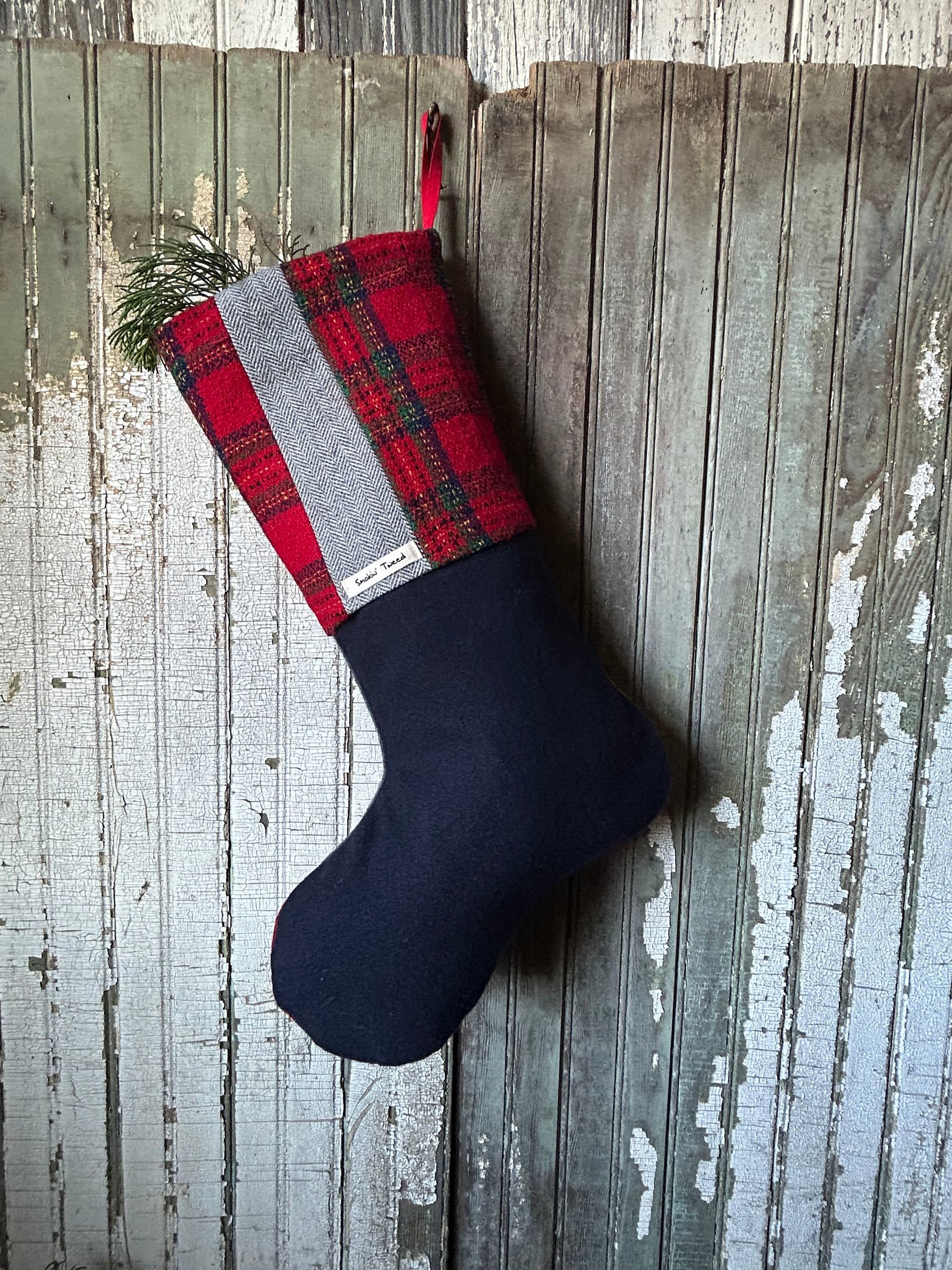 Red Tartan Plaid Christmas Stocking, Recycled Materials