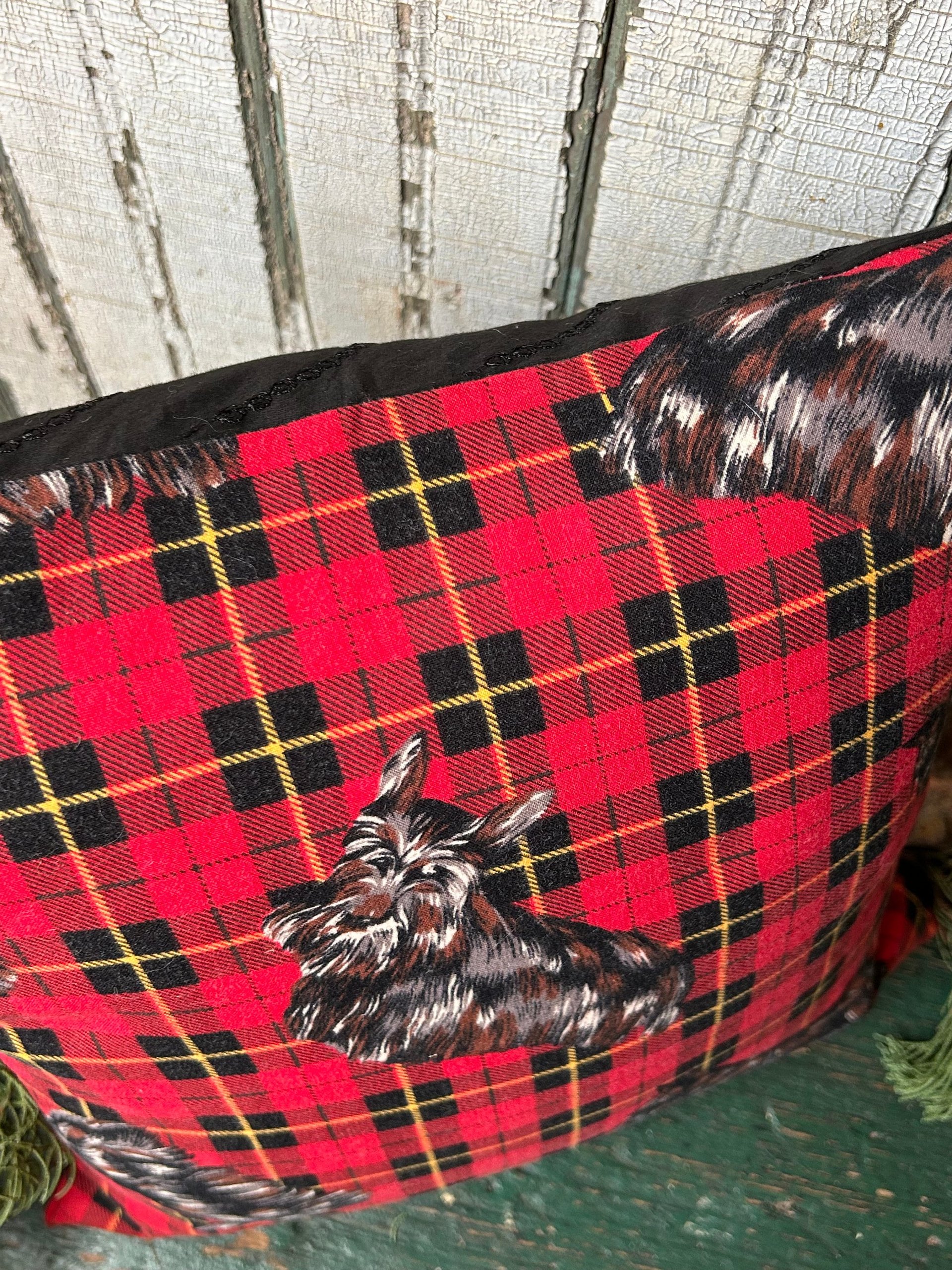 Red Tartan Plaid, Scotty Dog Pillow, Vintage Fabric