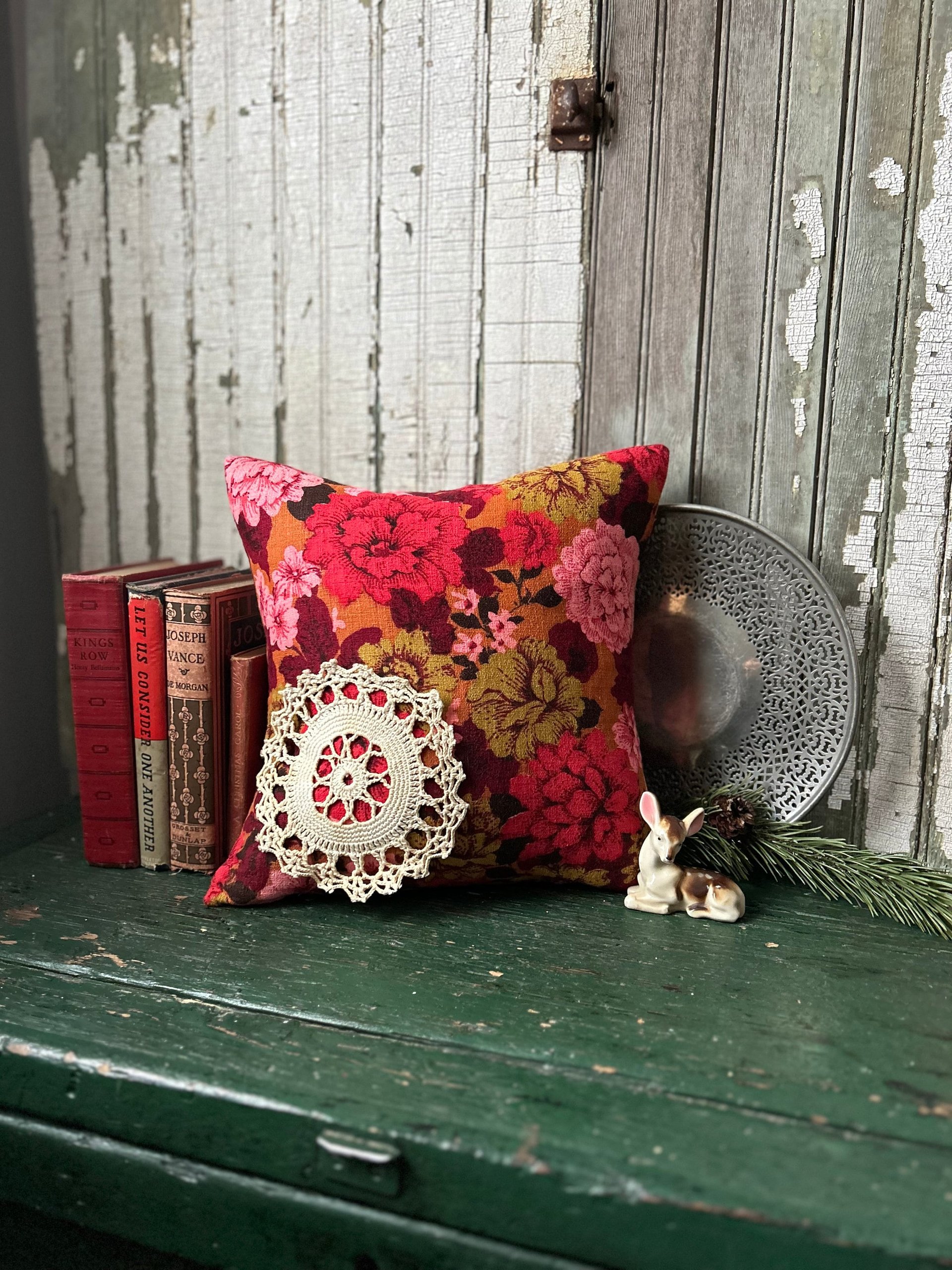 Romantic Red Floral Pillow, Vintage Barkcloth Fabric, Lace, Valentine's Day