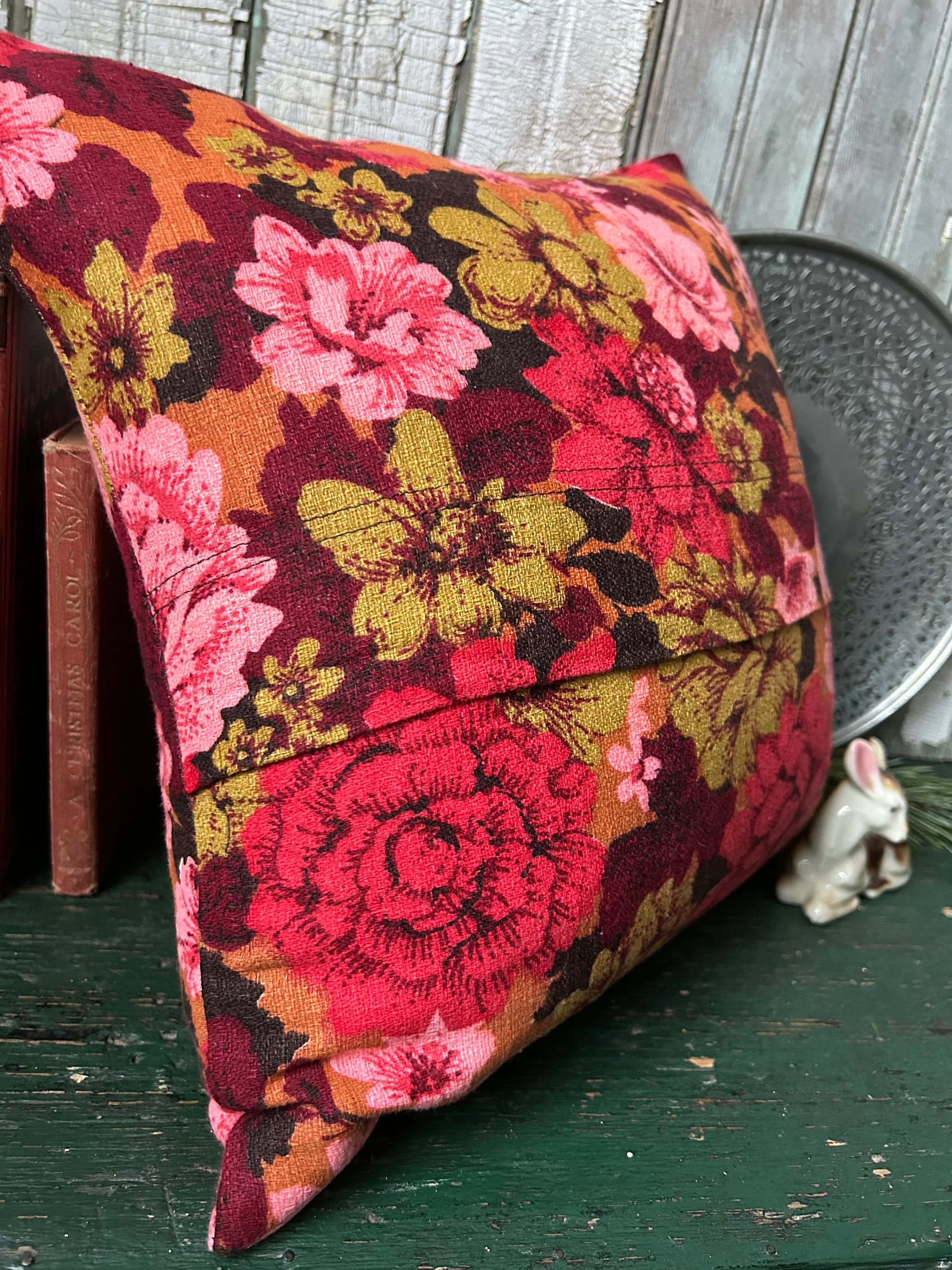 Romantic Red Floral Pillow, Vintage Barkcloth Fabric, Lace, Valentine's Day