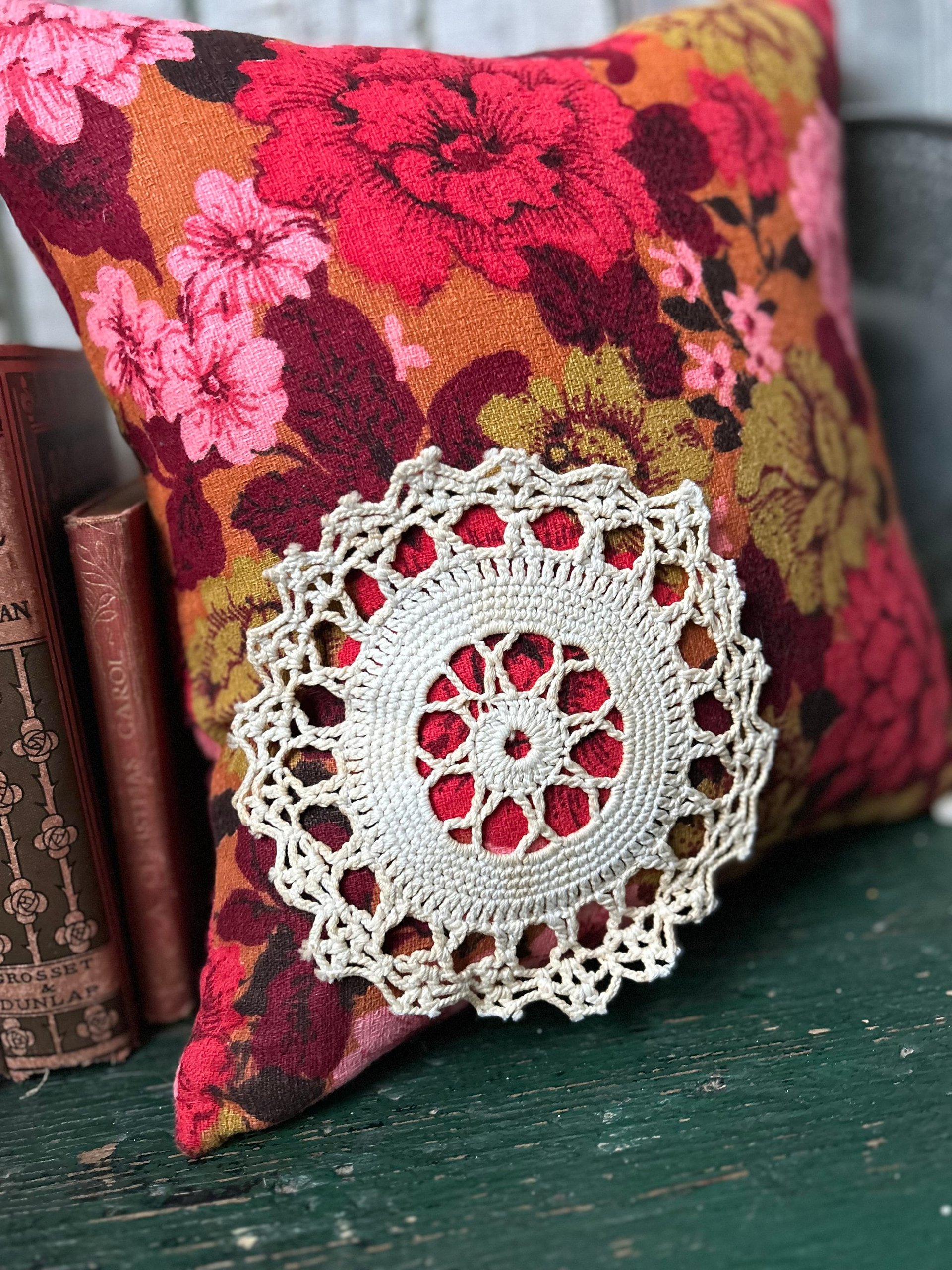 Romantic Red Floral Pillow, Vintage Barkcloth Fabric, Lace, Valentine's Day