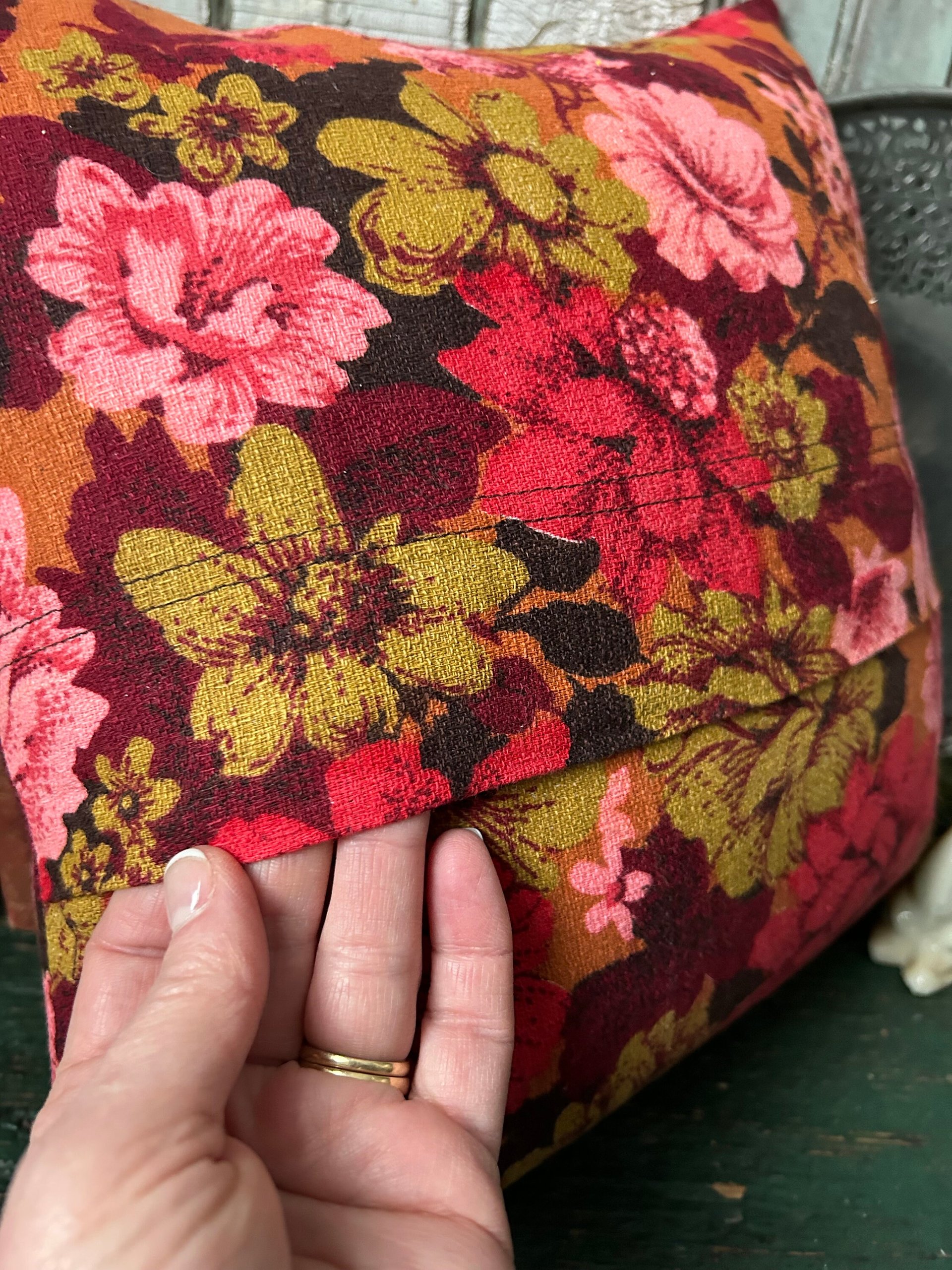 Romantic Red Floral Pillow, Vintage Barkcloth Fabric, Lace, Valentine's Day