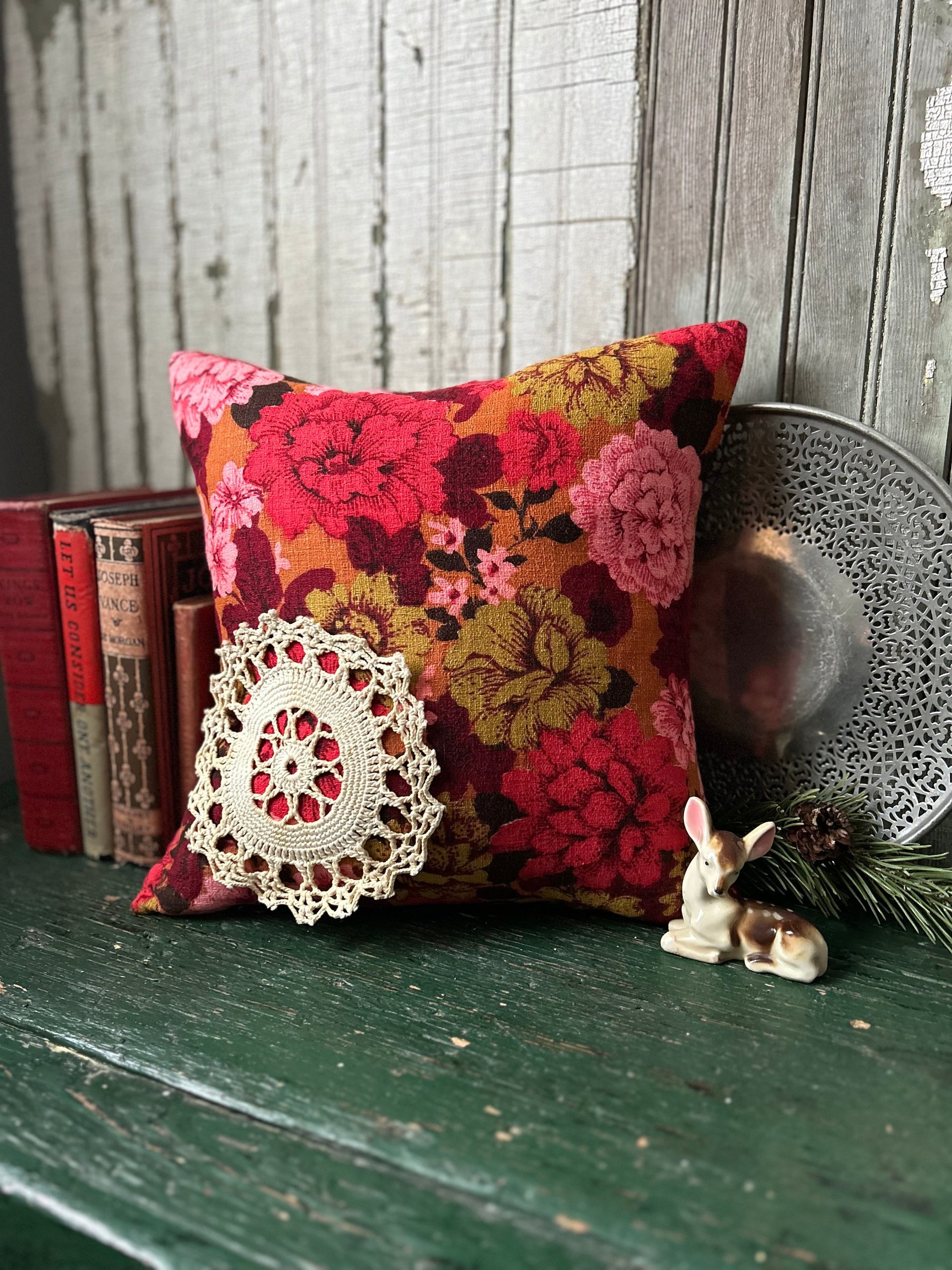 Romantic Red Floral Pillow, Vintage Barkcloth Fabric, Lace, Valentine's Day