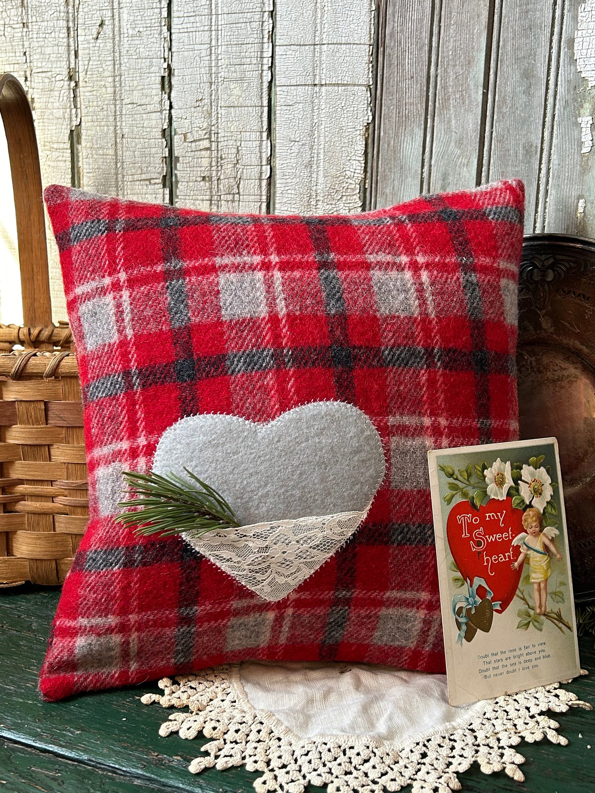 Recycled Wool Plaid Valentine Throw Pillow w Pocket