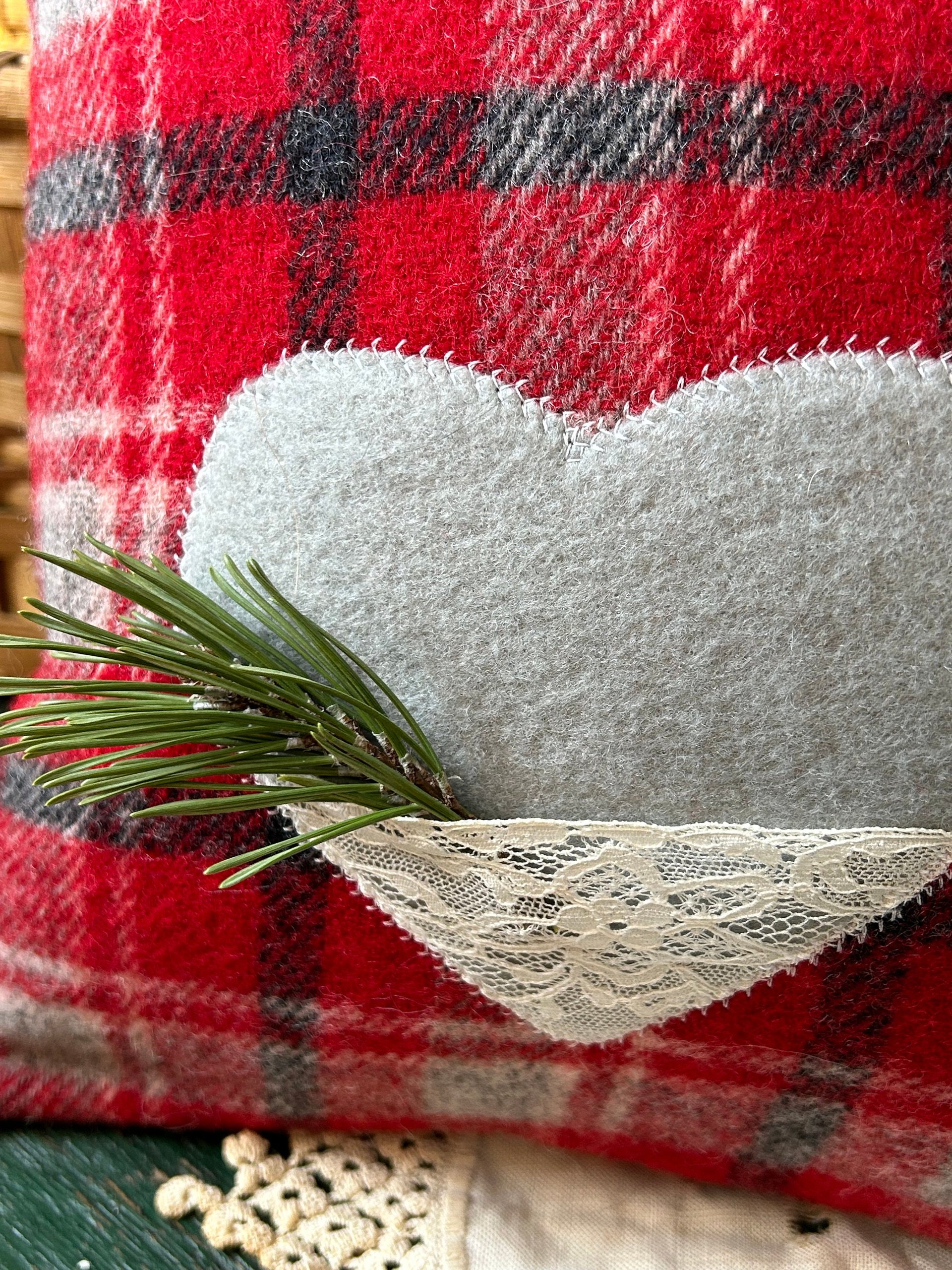 Recycled Wool Plaid Valentine Throw Pillow w Pocket