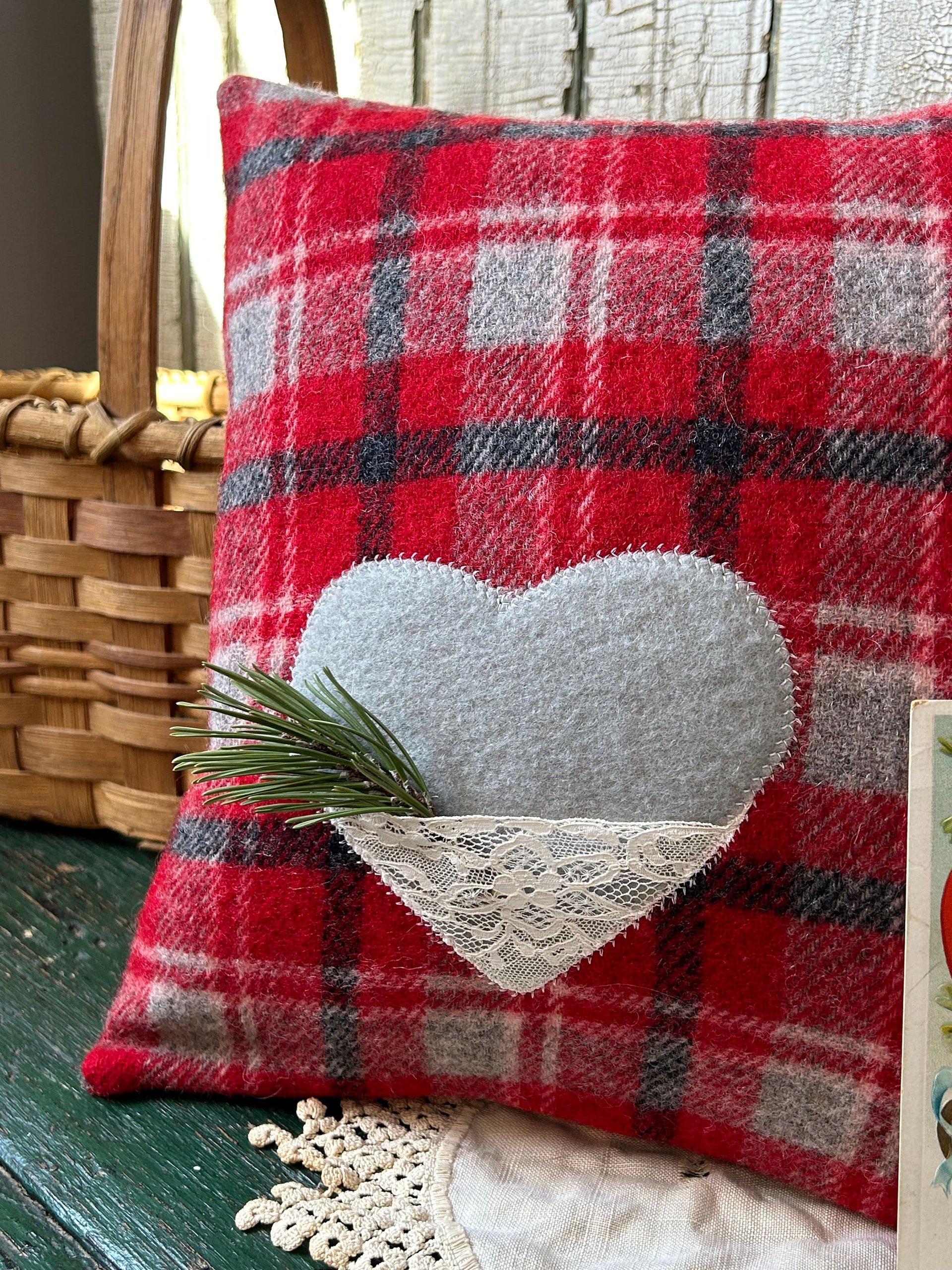 Recycled Wool Plaid Valentine Throw Pillow w Pocket