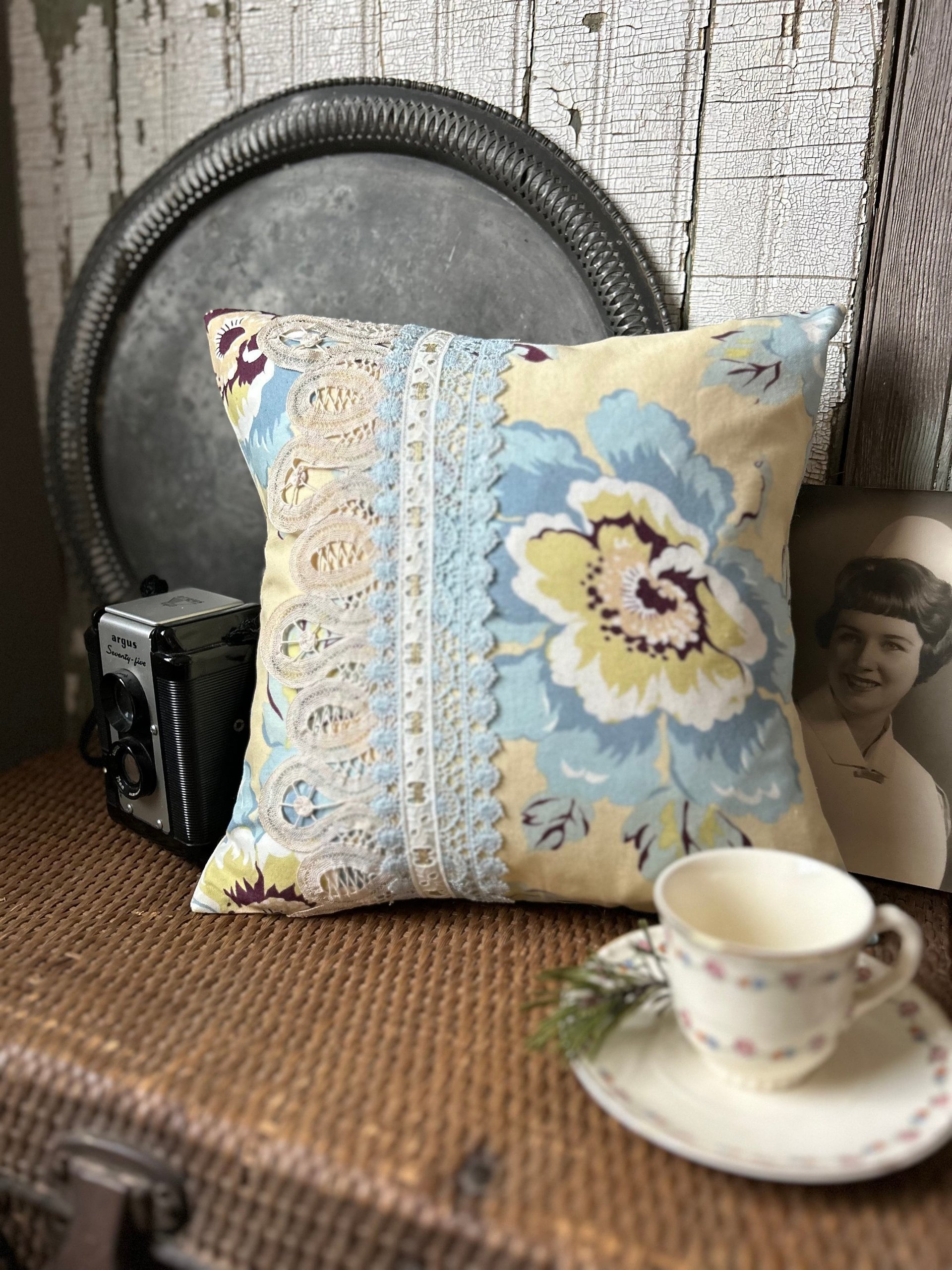 Floral, Lace Pillow, Made with Vintage Materials, 12 Inch