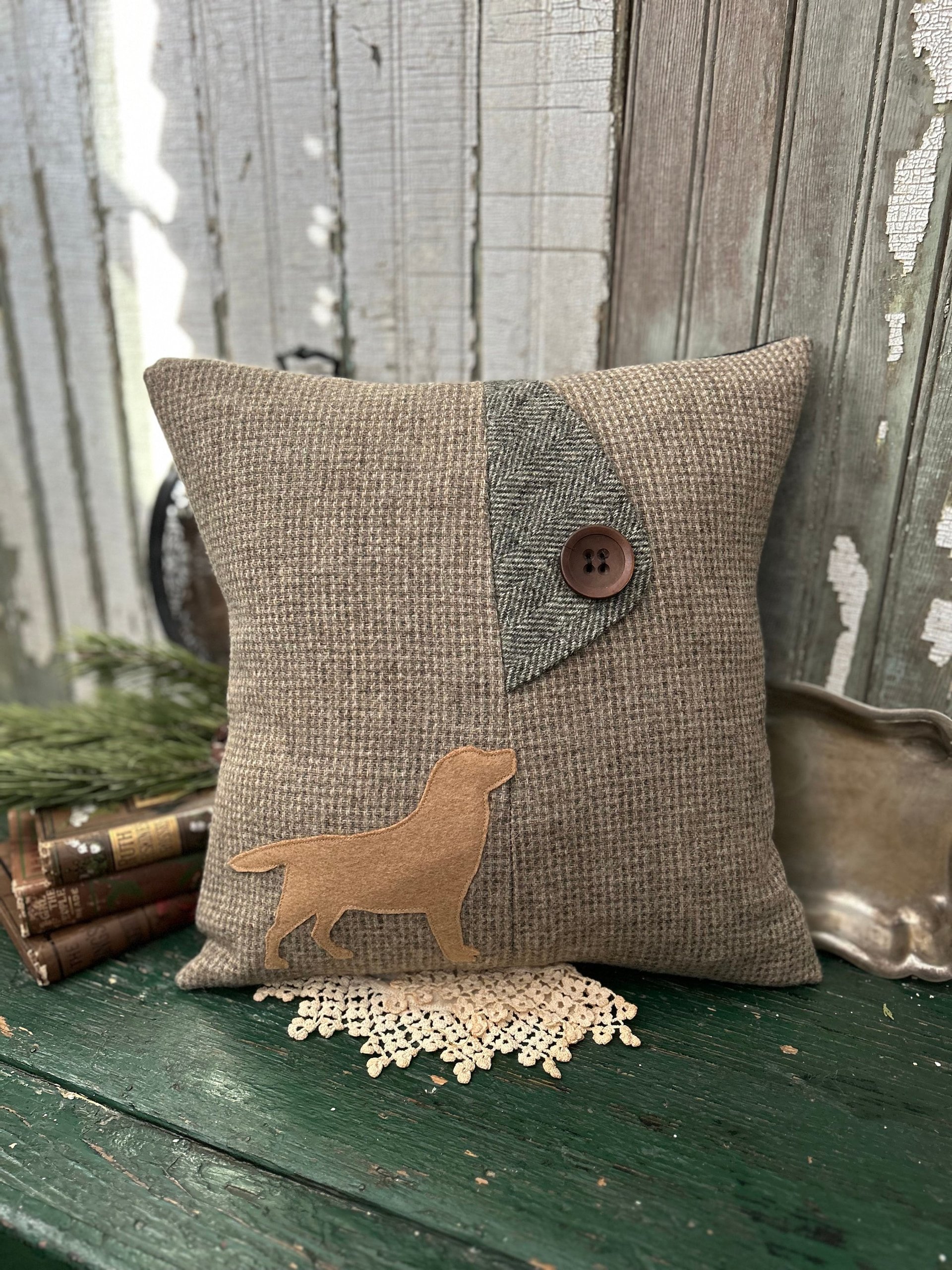 Yellow Labrador Pillow, Recycled Wool Tweed, 14 Inch