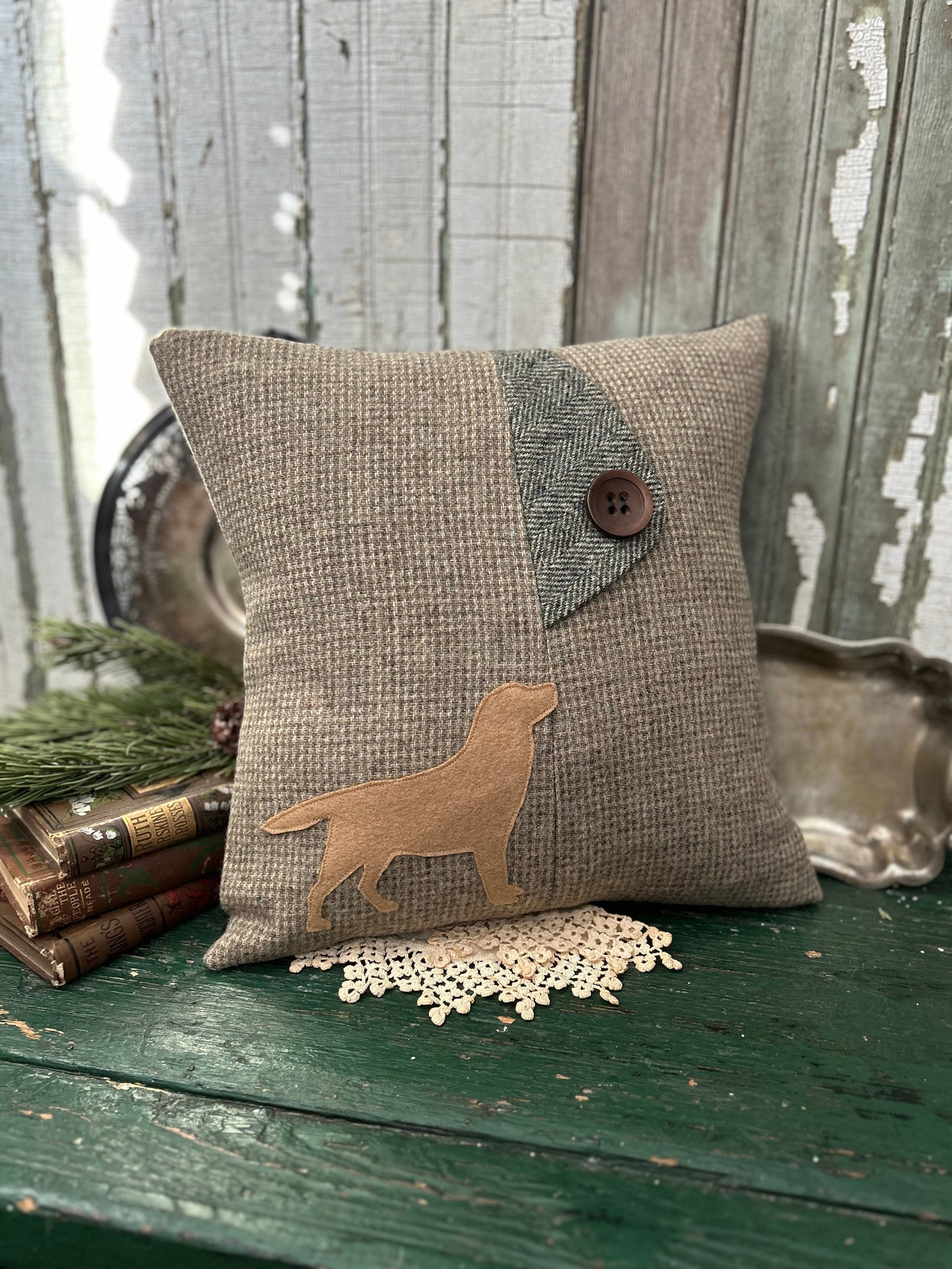 Yellow Labrador Pillow, Recycled Wool Tweed, 14 Inch