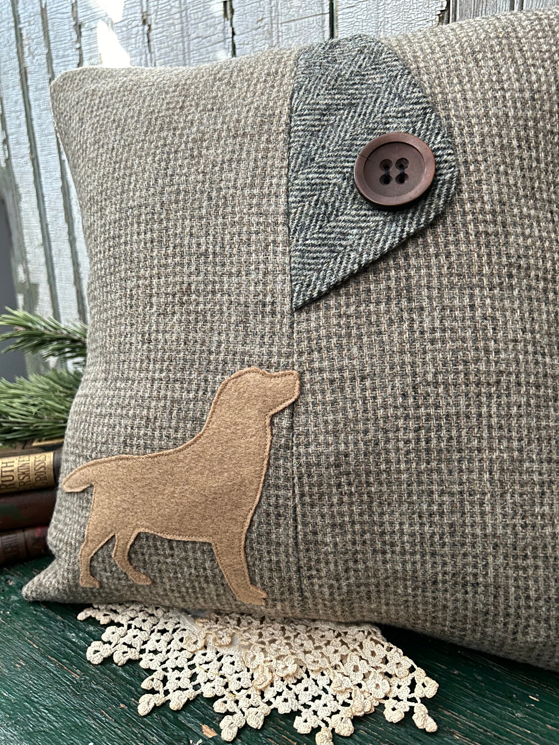 Yellow Labrador Pillow, Recycled Wool Tweed, 14 Inch