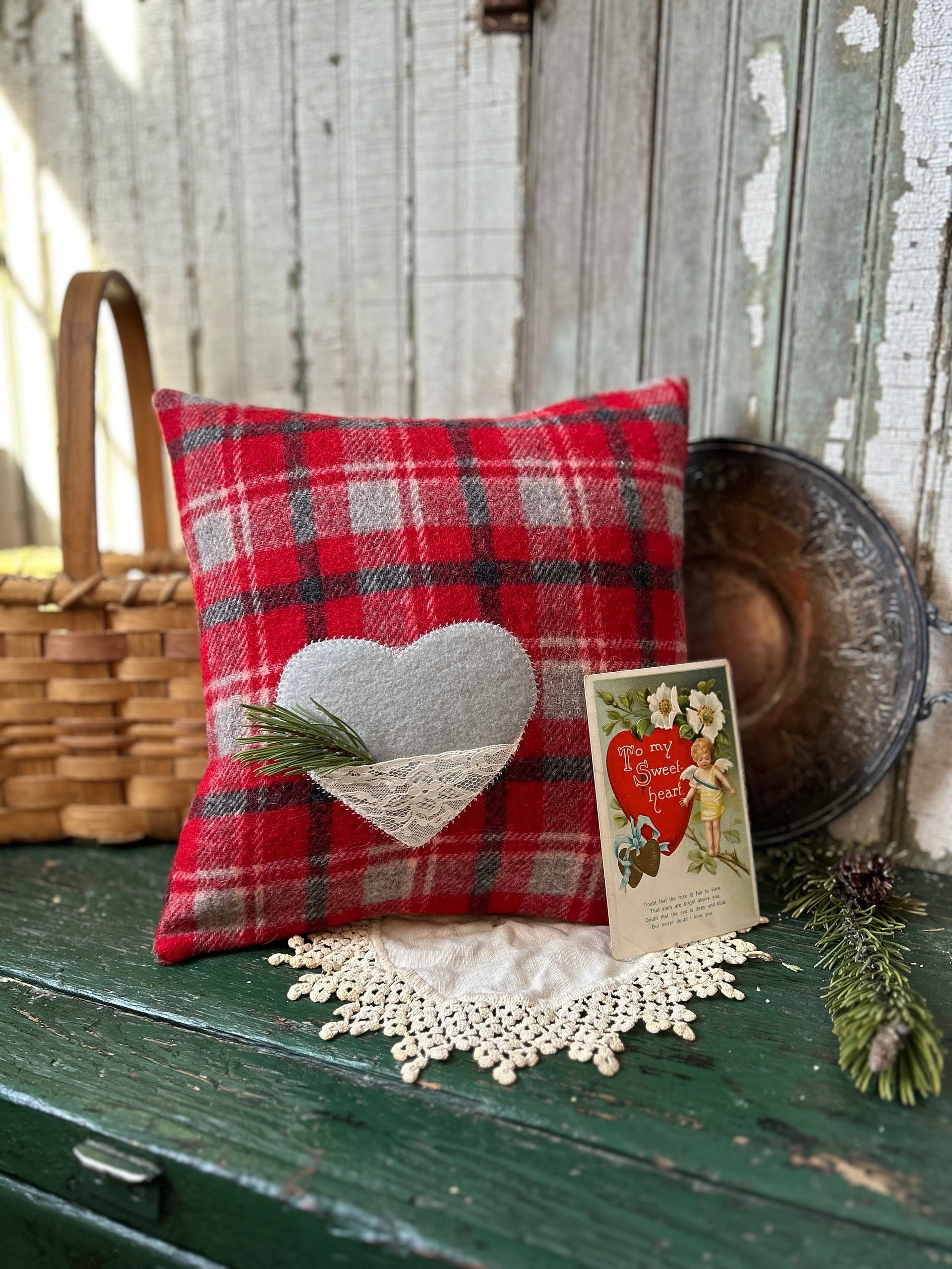 Recycled Wool Plaid Valentine Throw Pillow w Pocket