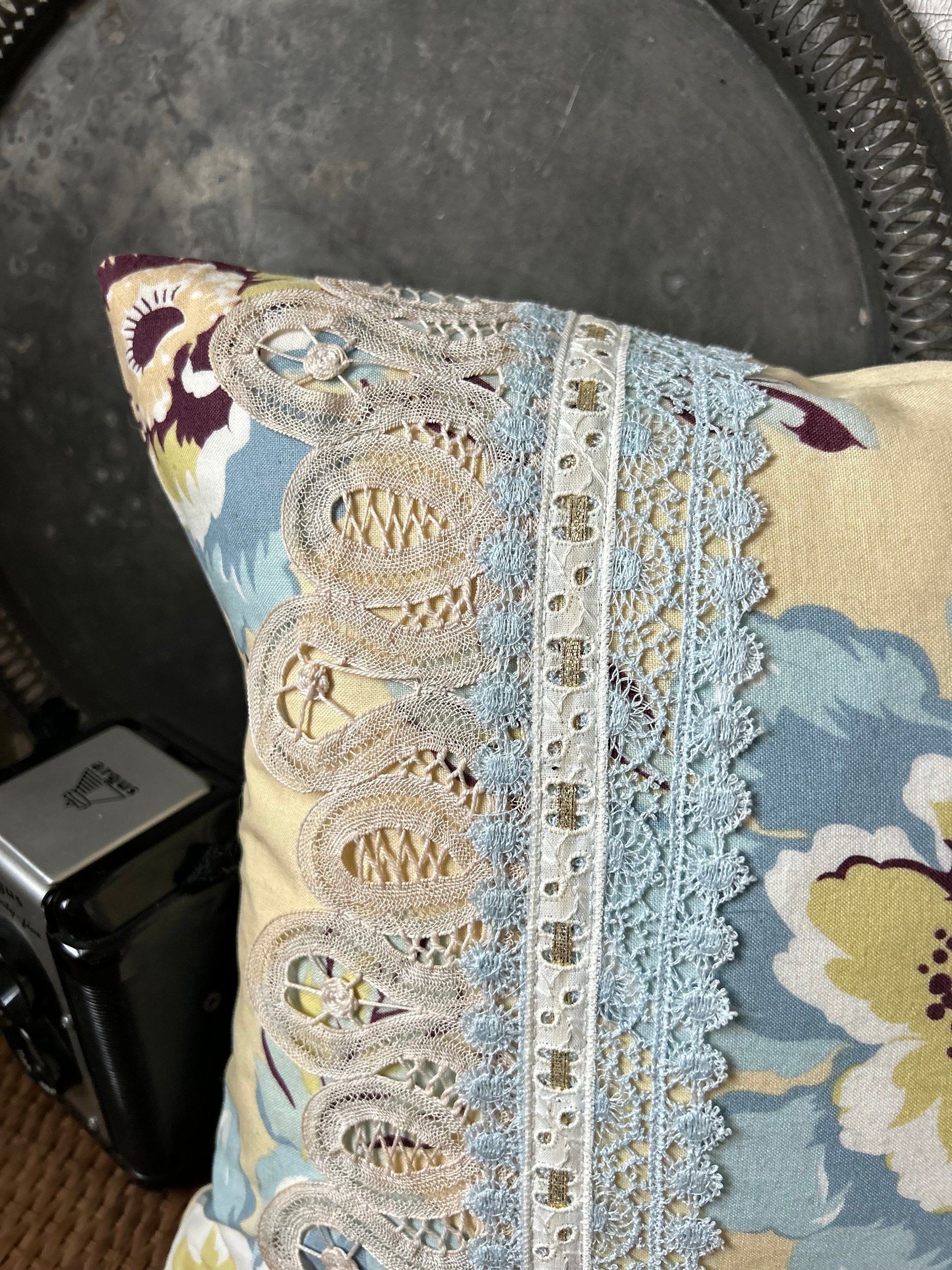 Floral, Lace Pillow, Made with Vintage Materials, 12 Inch