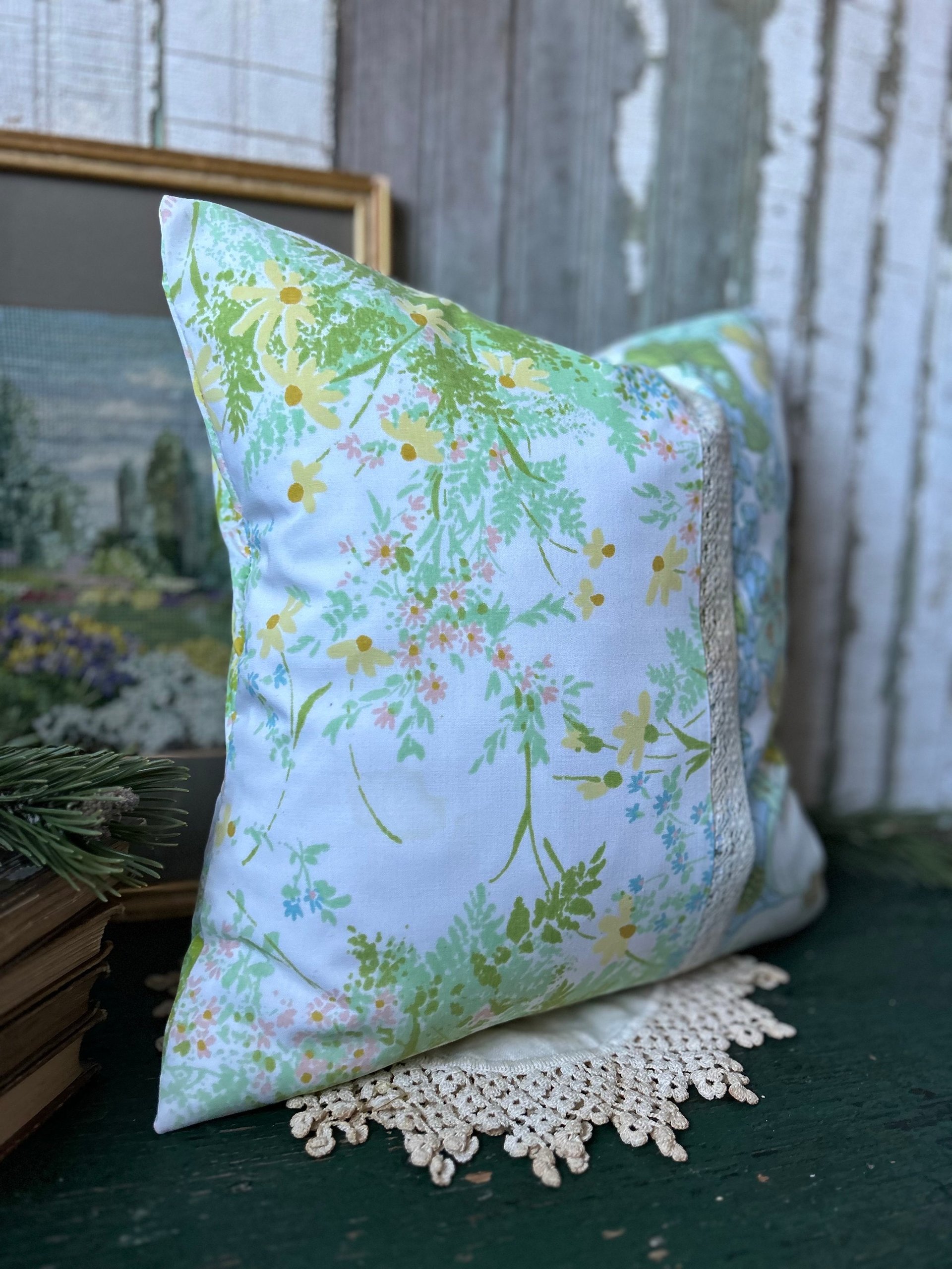 Pastel Floral Throw Pillow, Vintage Fabrics