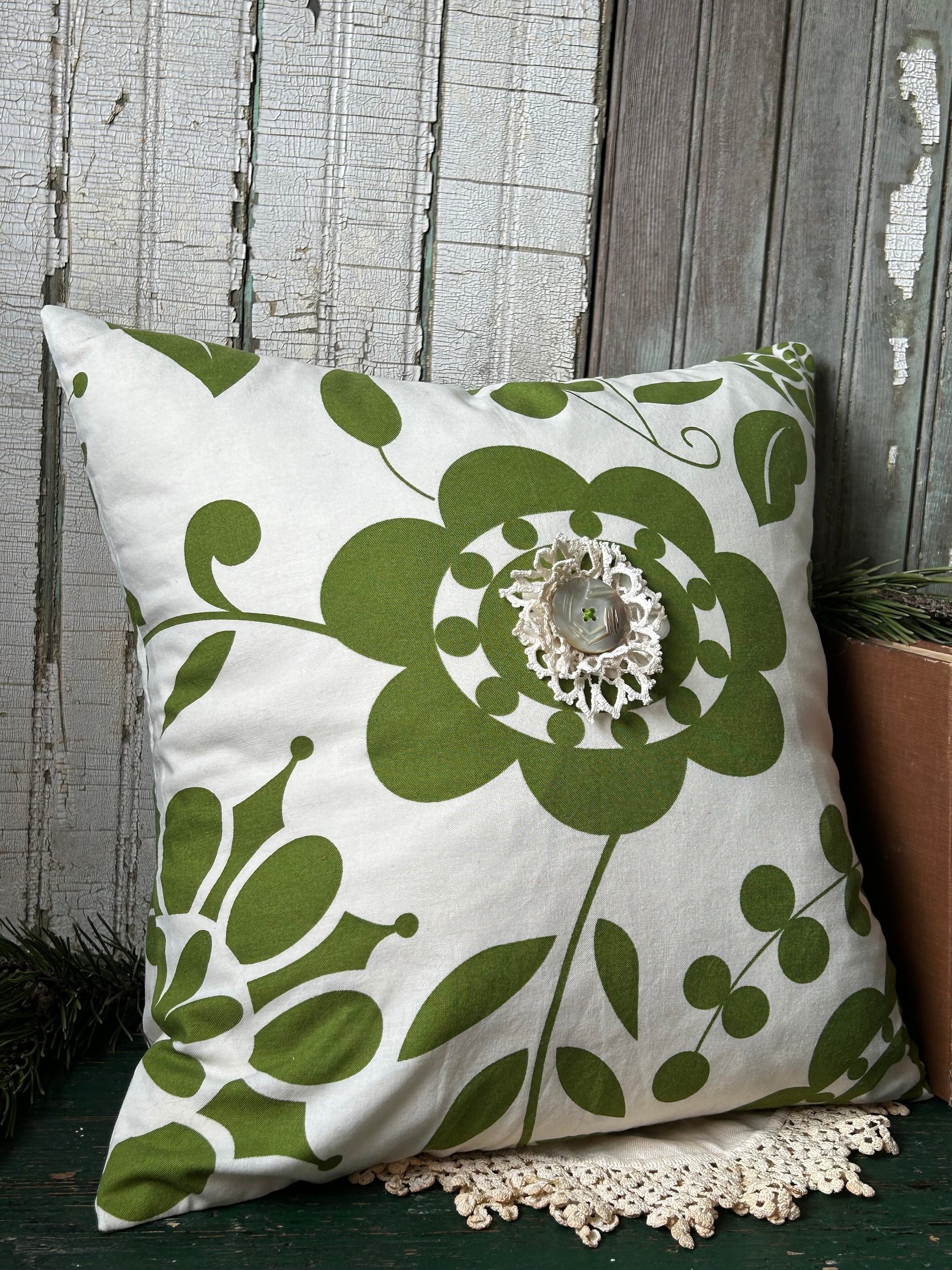 Green Floral Throw Pillow, Spring Décor