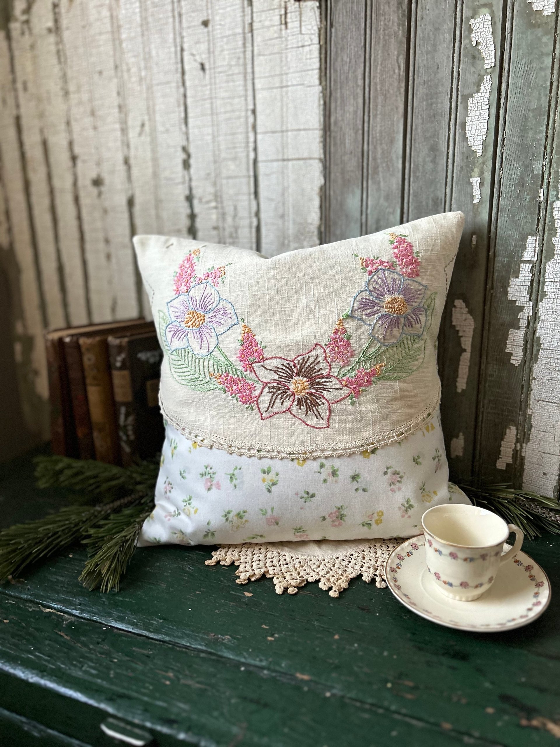 Vintage Spring Flowers Throw Pillow, Embroidery, Upcycled