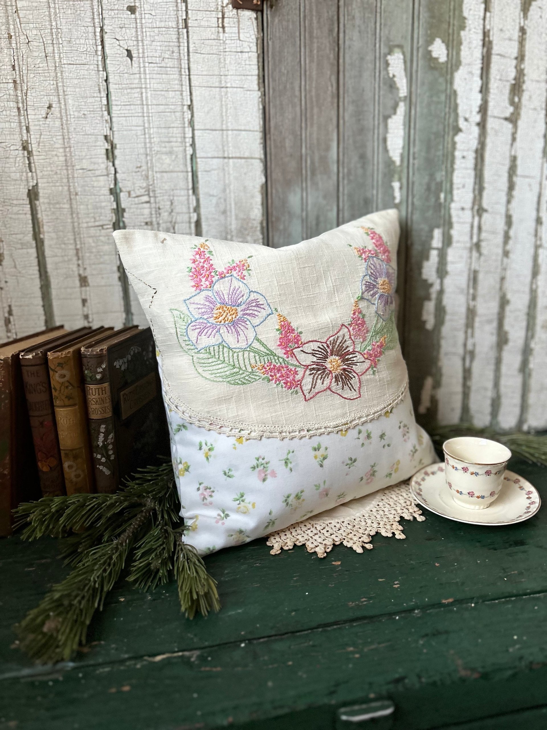 Vintage Spring Flowers Throw Pillow, Embroidery, Upcycled