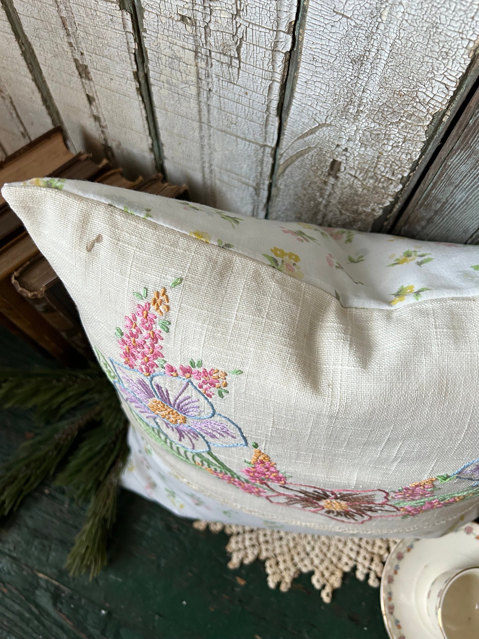 Vintage Spring Flowers Throw Pillow, Embroidery, Upcycled