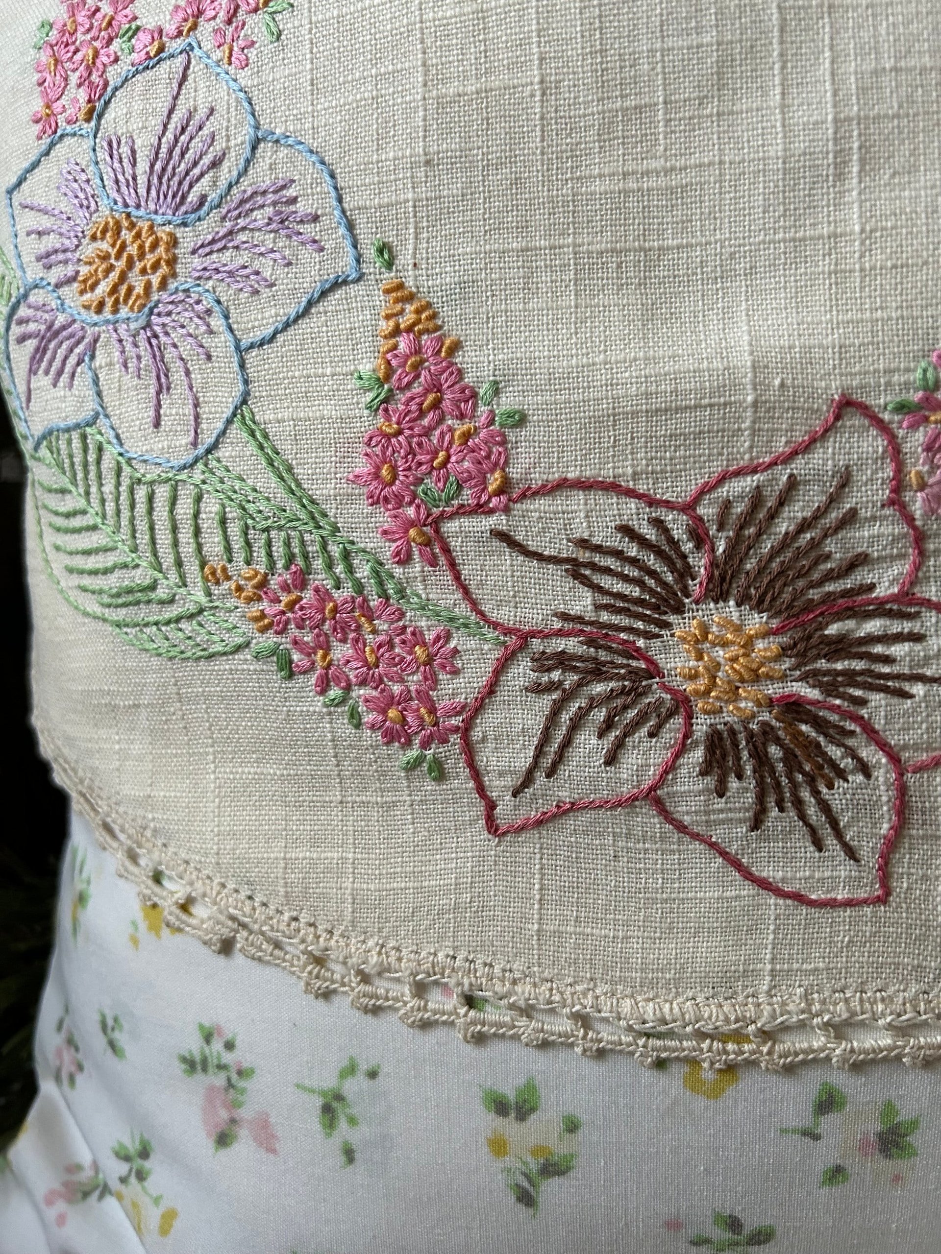 Vintage Spring Flowers Throw Pillow, Embroidery, Upcycled