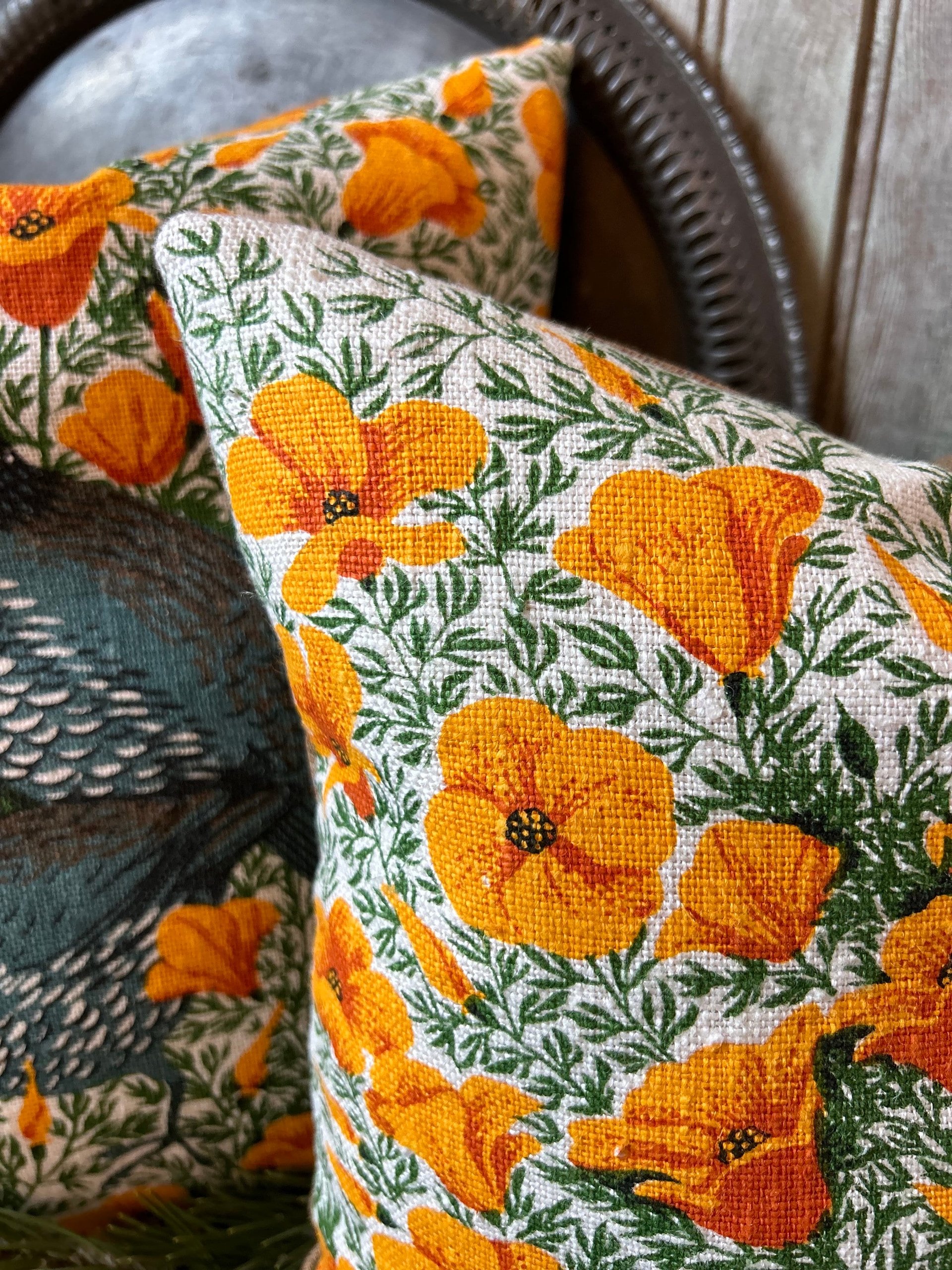 Yellow Poppies, Quail Linen Pillows, Upcycled Materials, Spring Summer Decor