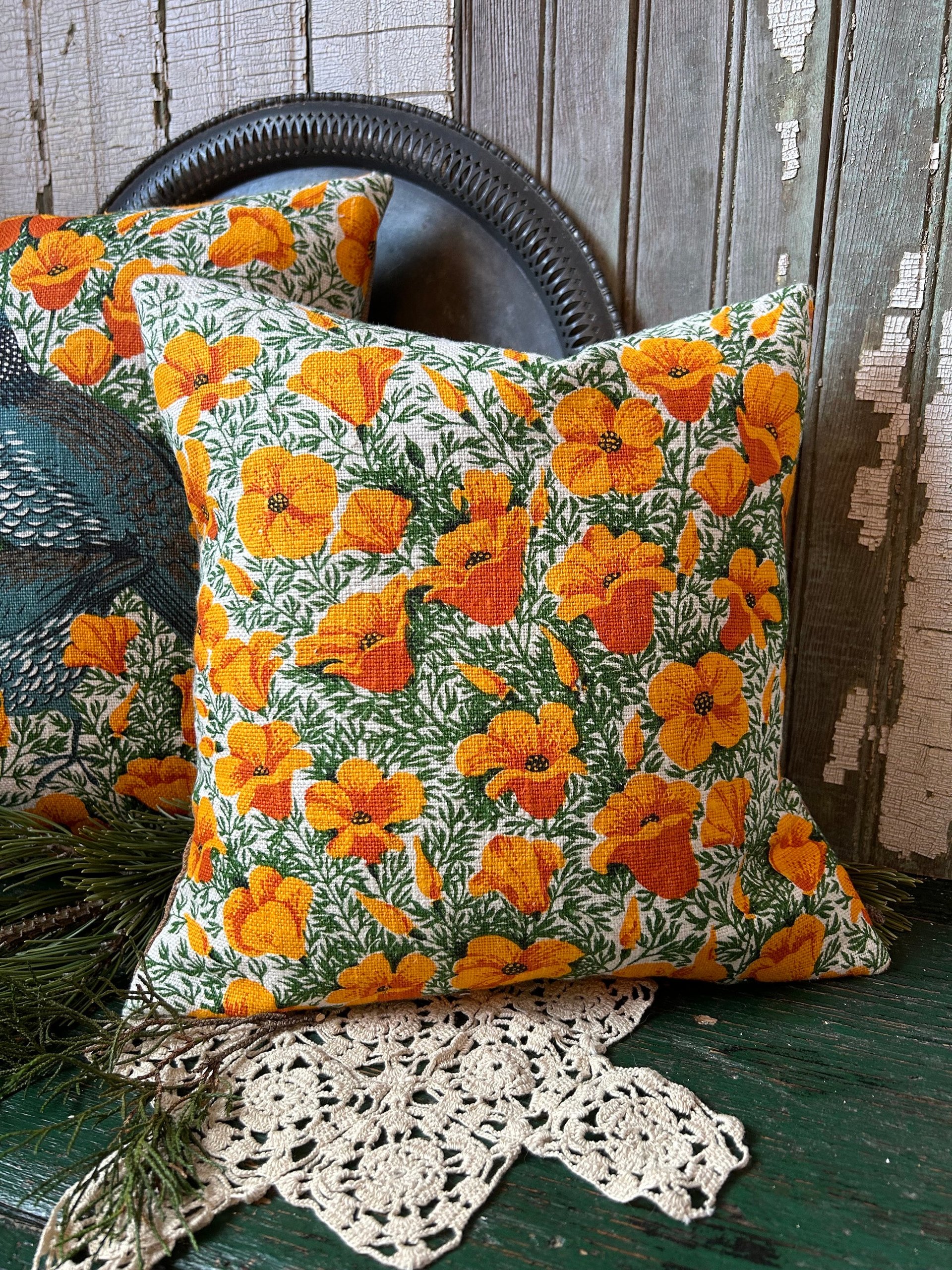 Yellow Poppies, Quail Linen Pillows, Upcycled Materials, Spring Summer Decor