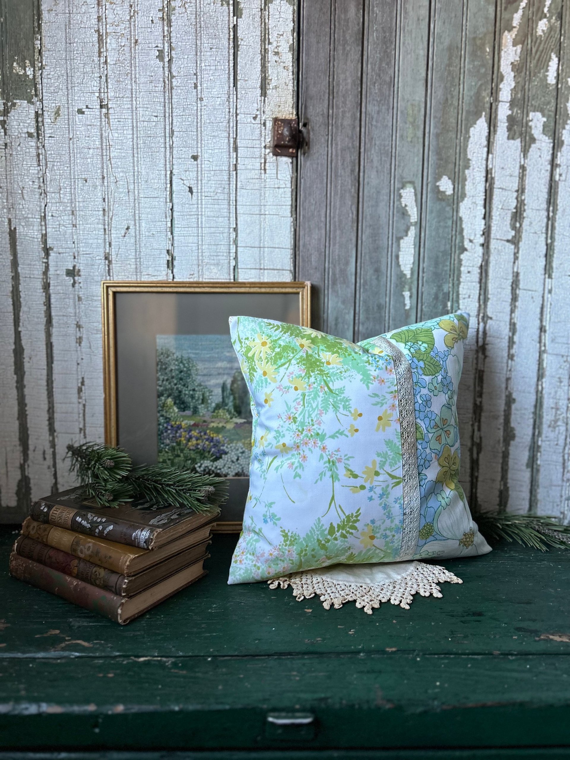 Pastel Floral Throw Pillow, Vintage Fabrics