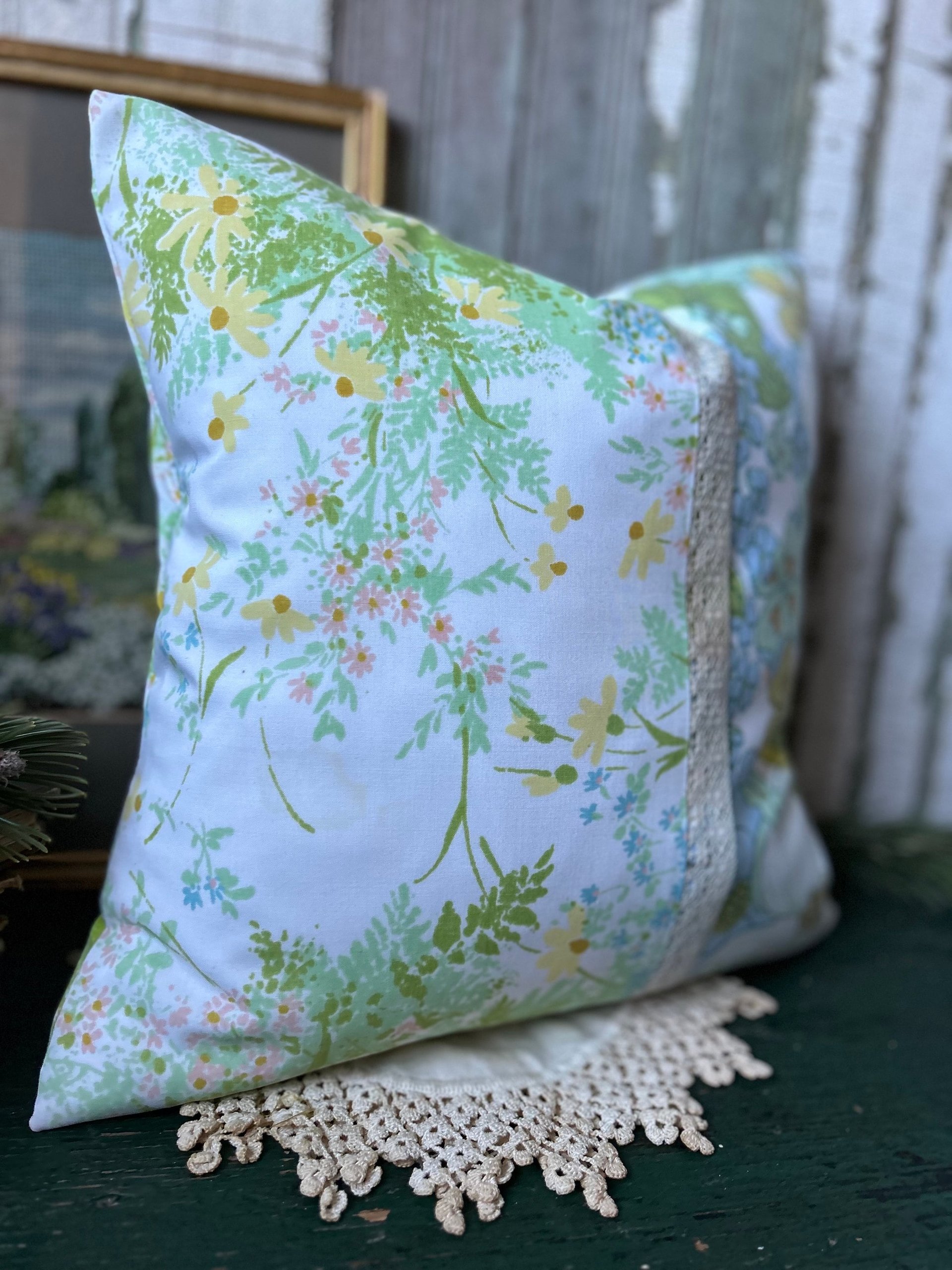 Pastel Floral Throw Pillow, Vintage Fabrics