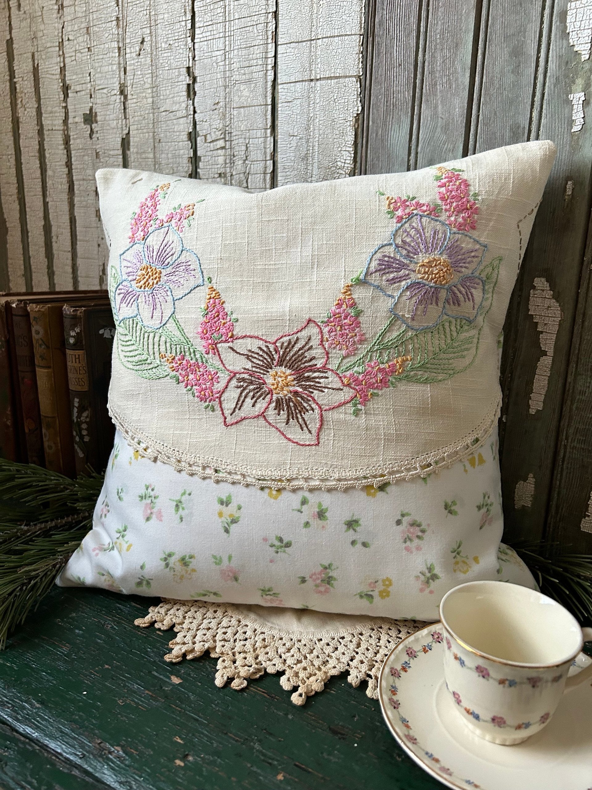 Vintage Spring Flowers Throw Pillow, Embroidery, Upcycled