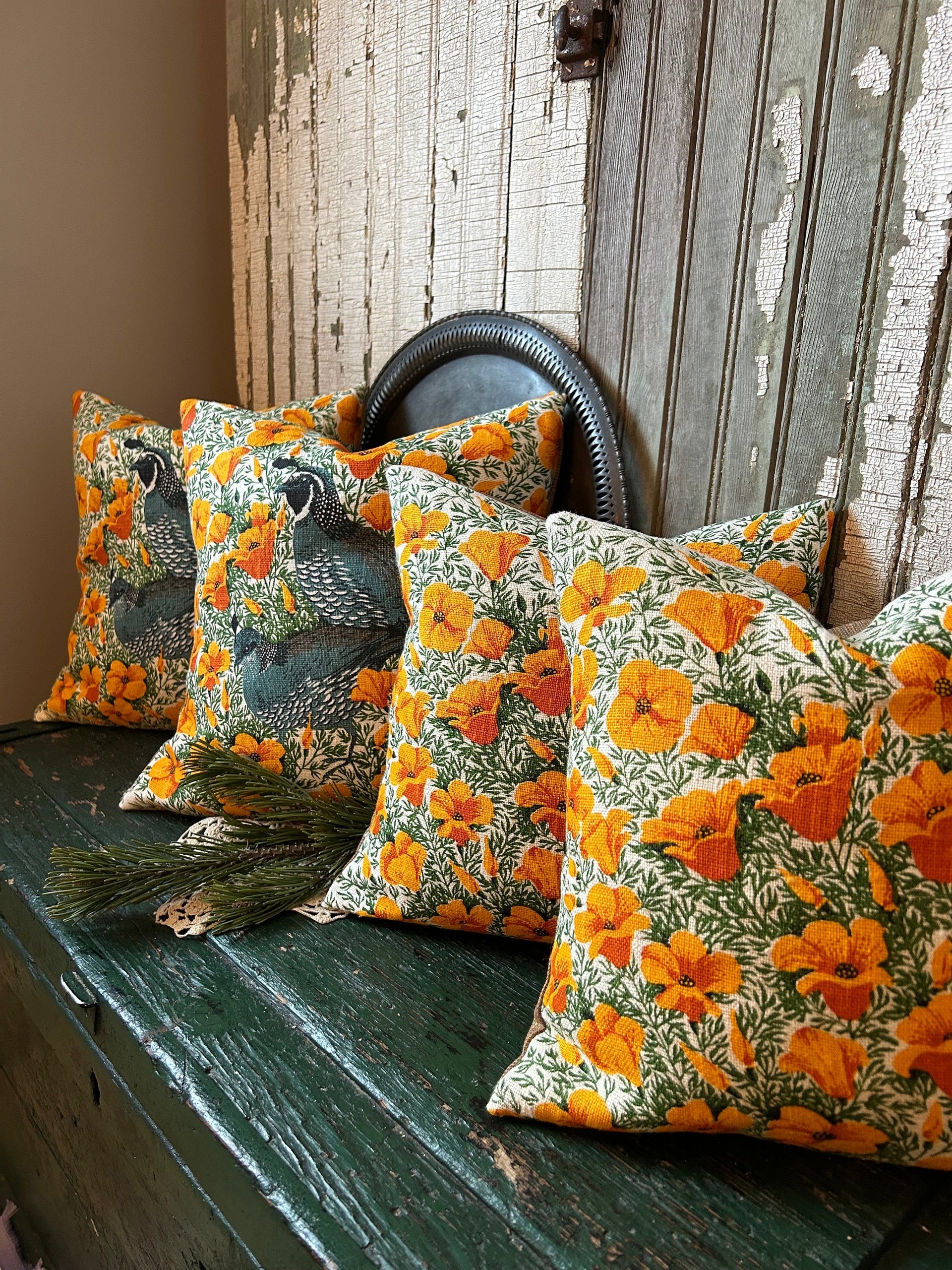 Yellow Poppies, Quail Linen Pillows, Upcycled Materials, Spring Summer Decor