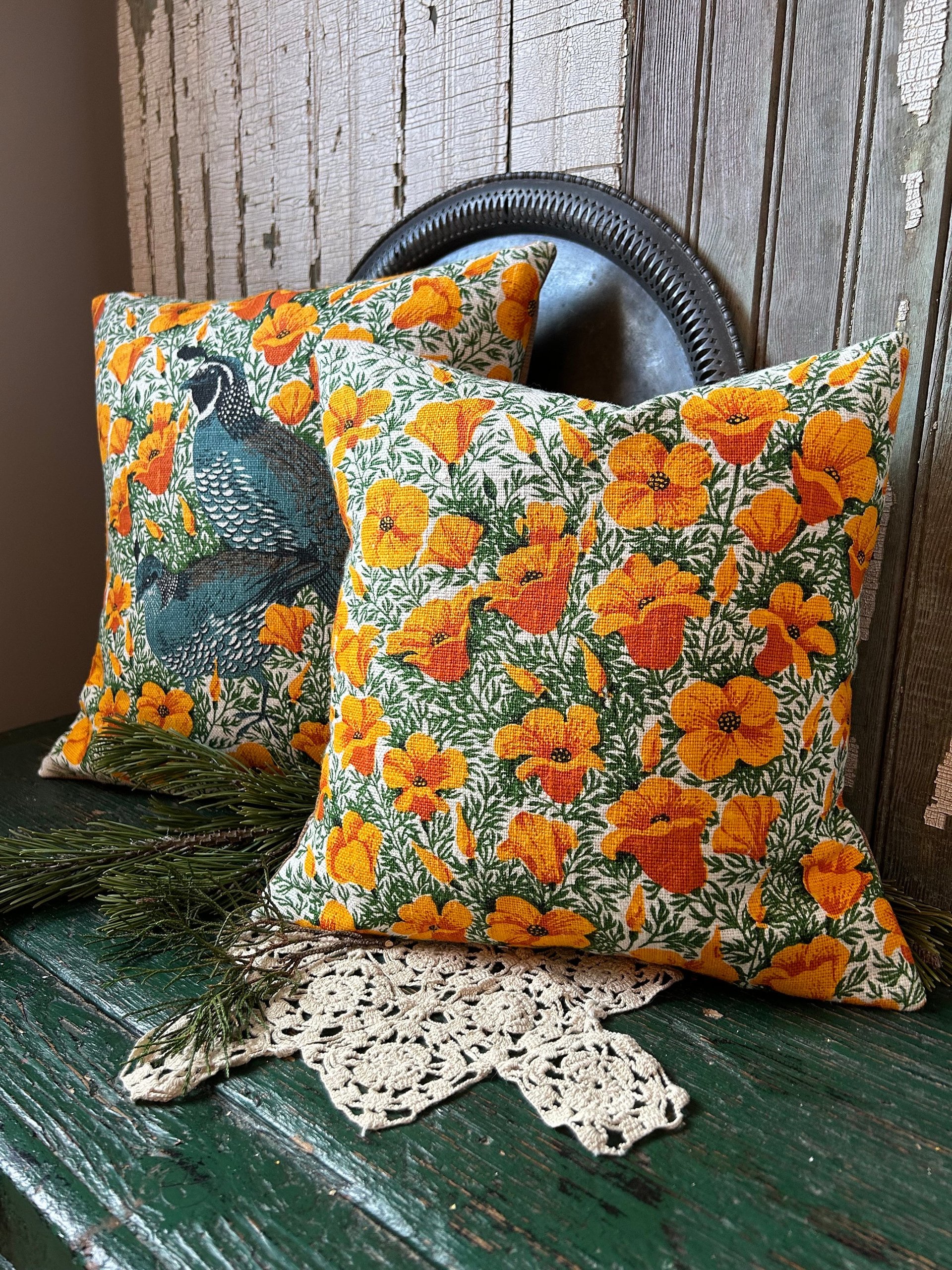 Yellow Poppies, Quail Linen Pillows, Upcycled Materials, Spring Summer Decor