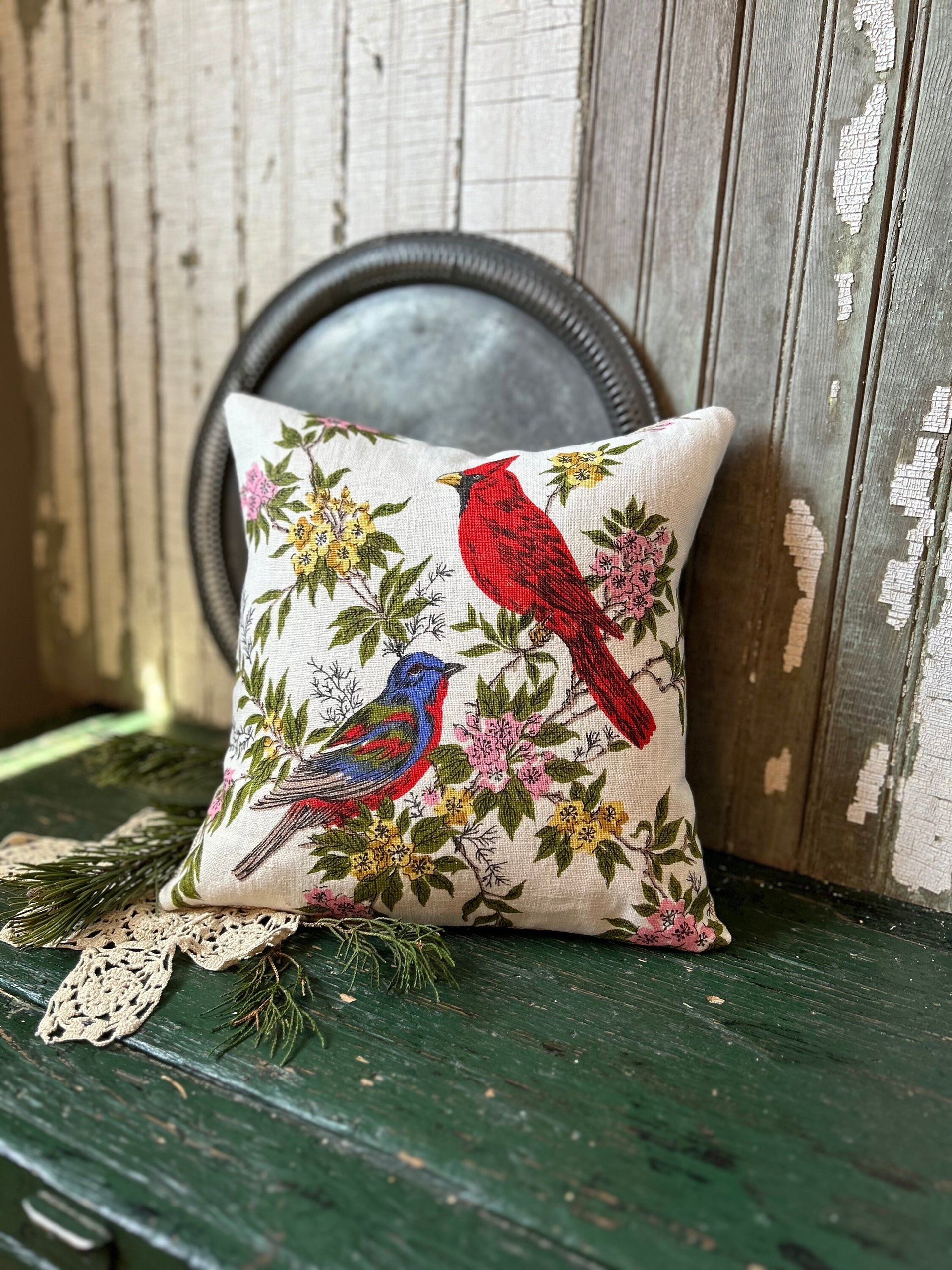 Vintage Linen Bird Pillow, Cardinal, Bluebird, Upcycled Materials