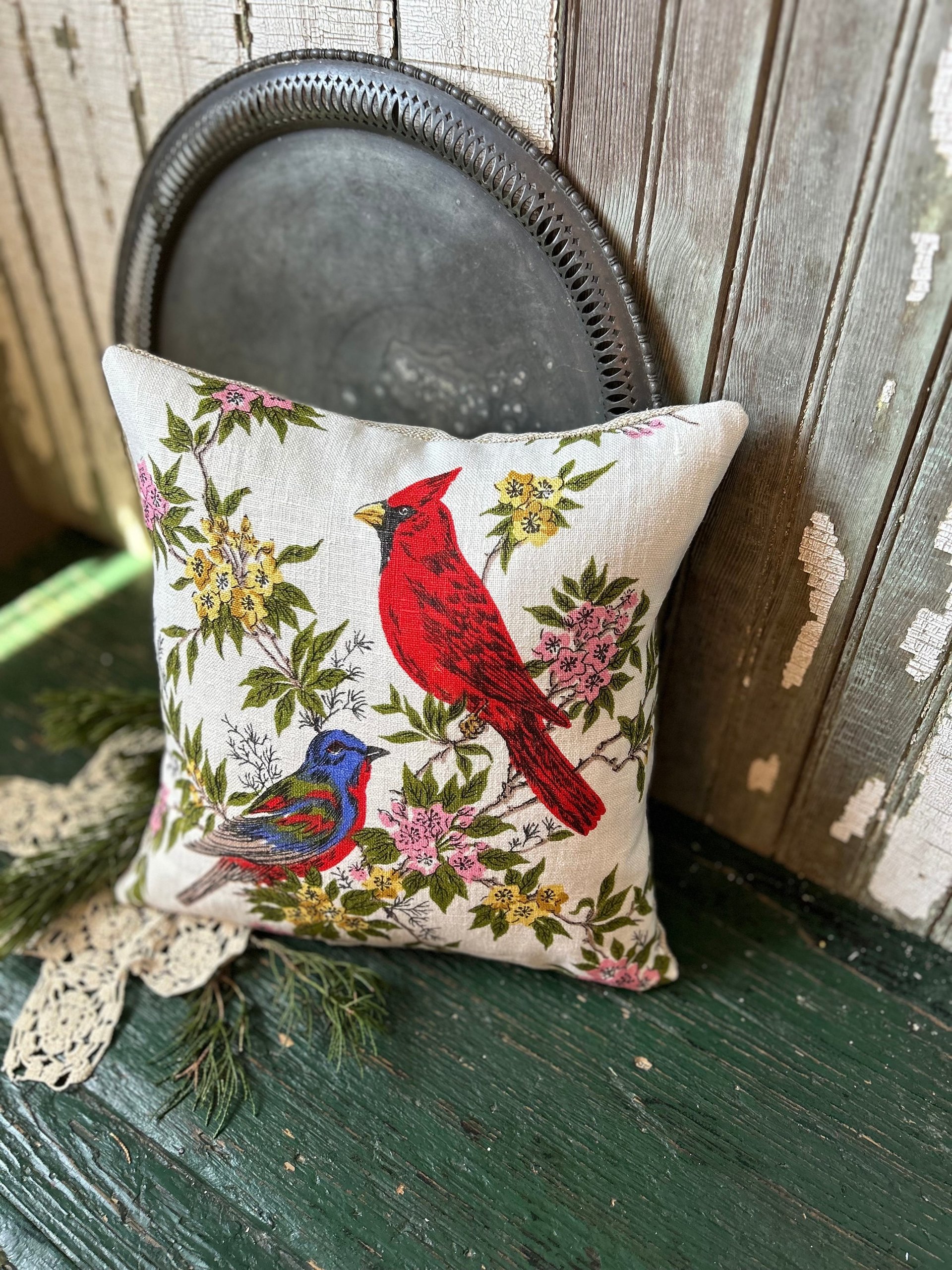 Vintage Linen Bird Pillow, Cardinal, Bluebird, Upcycled Materials