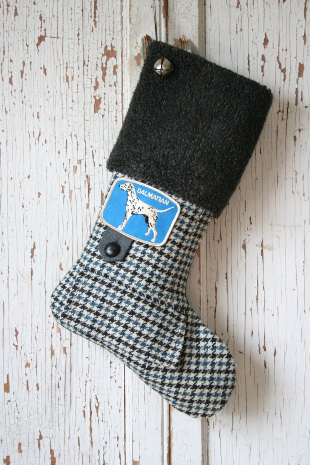 Dalmatian Dog Christmas STOCKING, Hounds Tooth Wool, Jingle Bell, Handmade, Dog Lover, Sustainable, Recycled