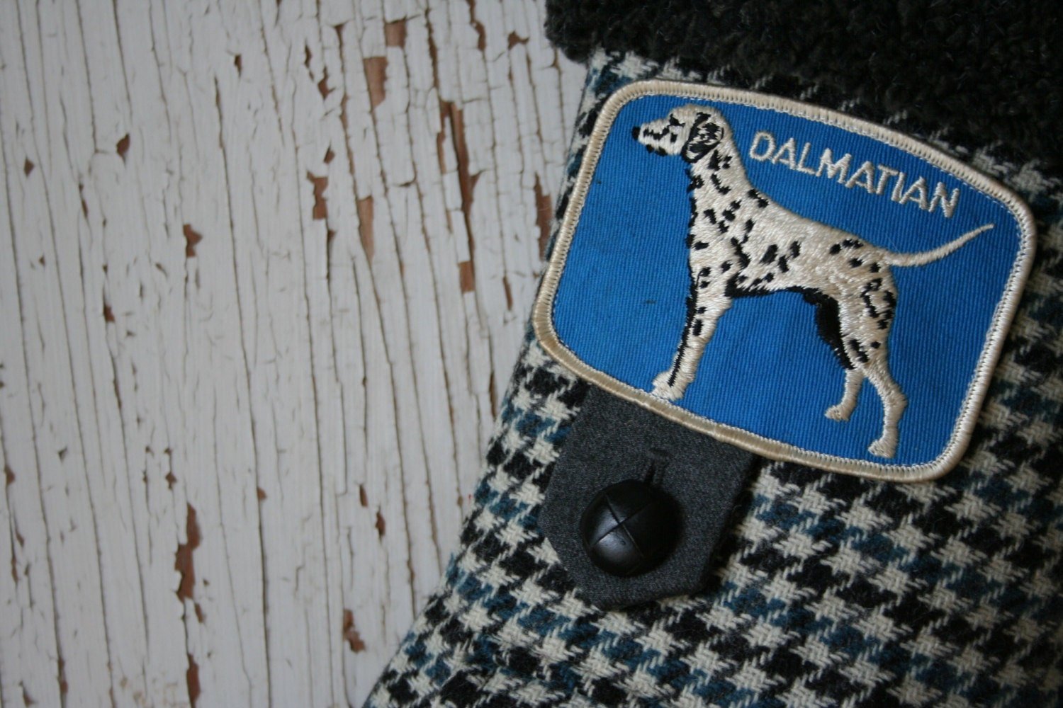 Dalmatian Dog Christmas STOCKING, Hounds Tooth Wool, Jingle Bell, Handmade, Dog Lover, Sustainable, Recycled